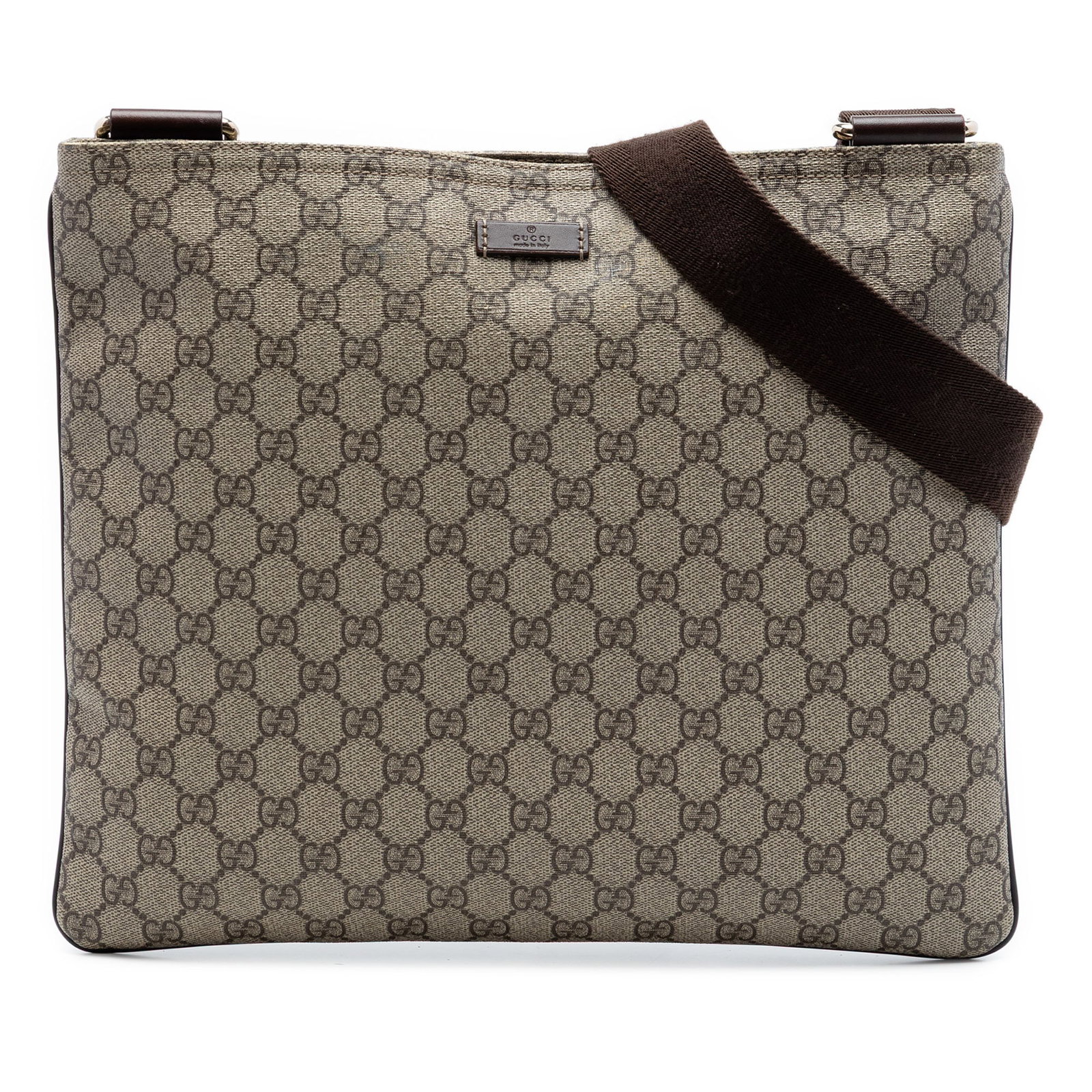 Gucci GG Supreme beige coated canvas crossbody bag: Gucci GG Supreme beige coated canvas crossbody bag Gucci GG Supreme Crossbody bag in beige, made in Italy. It features a coated canvas body with leather trim, an adjustable flat shoulder strap, a top 