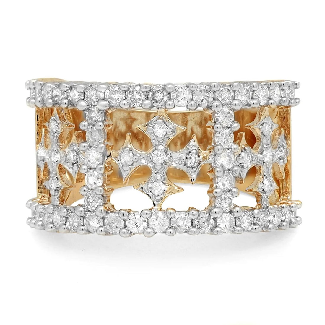 Rachel Koen 14K Yellow Gold Wide Cross Band Ring 1.15CT Diamonds Size 7.5: Rachel Koen 14K Yellow Gold Wide Cross Band Ring 1.15CT Diamonds Size 7.5 This stunning wide band ring features a unique openwork cross design, beautifully crafted from rich 14K yellow gold. Adorned w