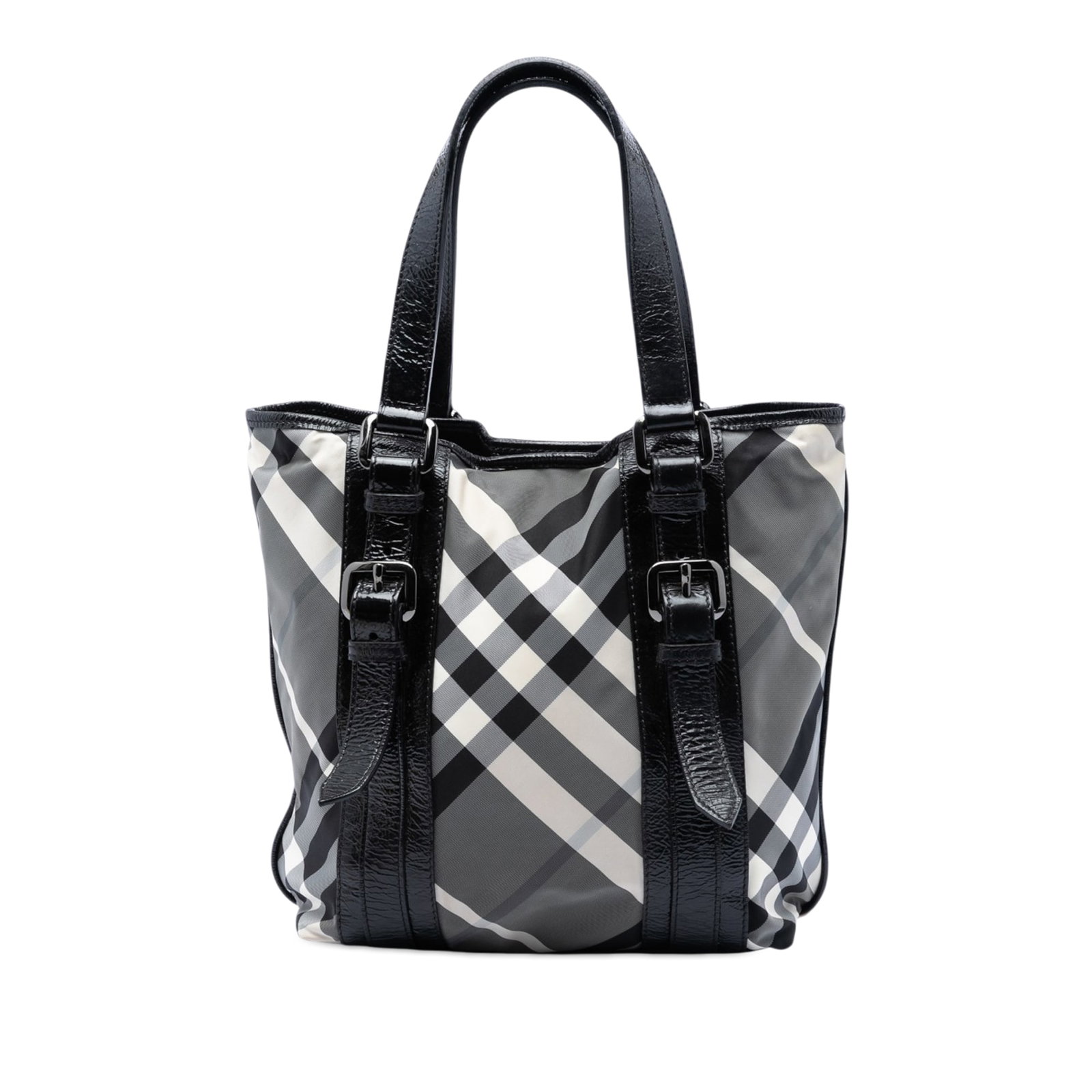 Burberry Victoria Tote in Beat Check Nylon Gray: Burberry Victoria Tote in Beat Check Nylon Gray This Burberry Small Beat Check Nylon Victoria Tote features a nylon body with patent leather trim and flat patent leather straps. The bag has an open to