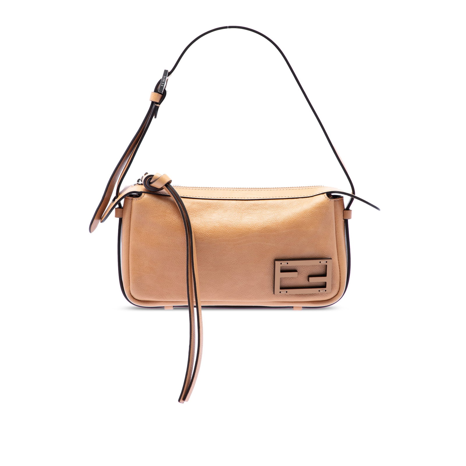 Fendi Simply Mini Handbag Beige Leather Zip Top: Fendi Simply Mini Handbag Beige Leather Zip Top A Fendi Mini Calfskin Simply Handbag from Italy in beige leather. It features a leather body, a flat leather strap, and a top zip closure. The bag is ac