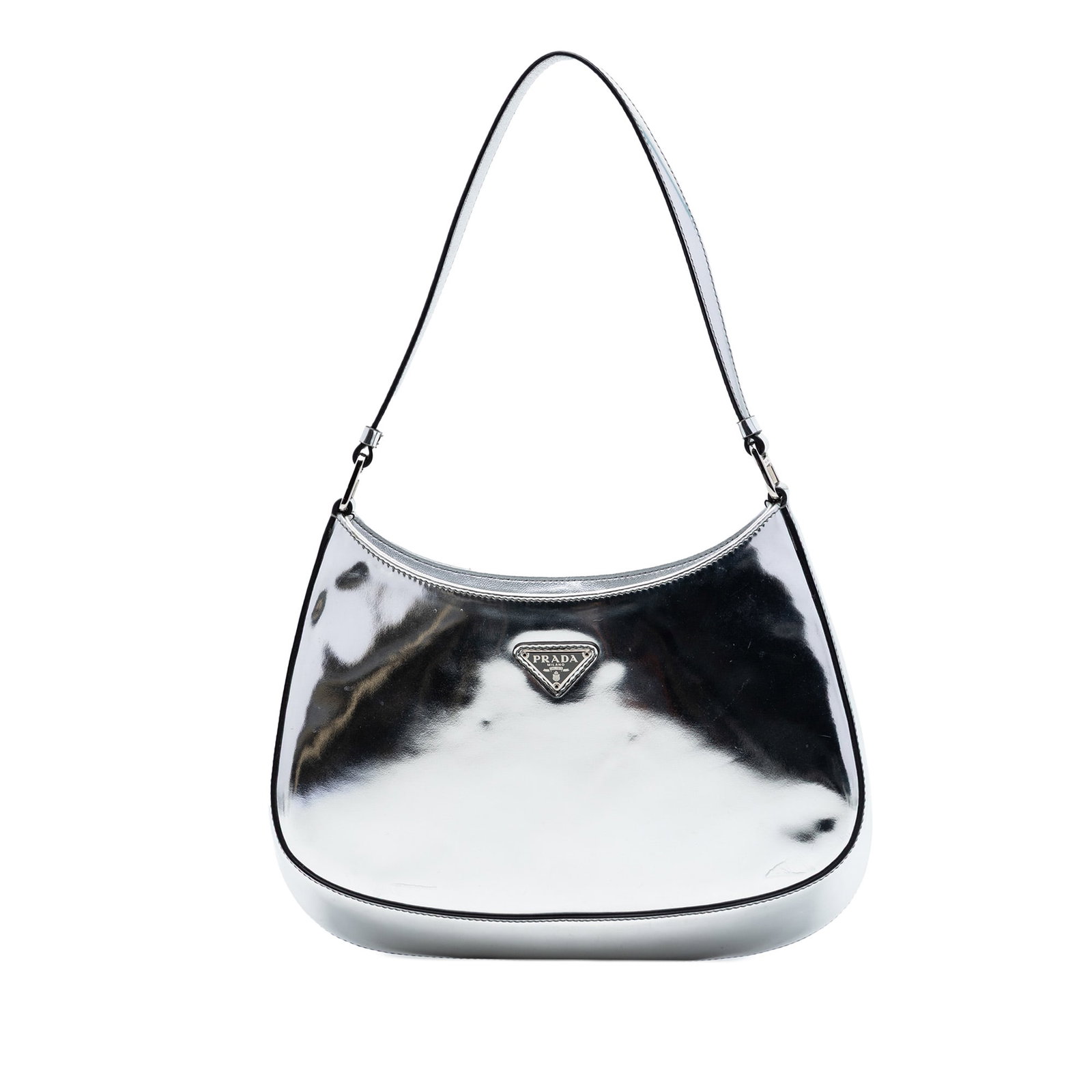 Prada Cleo Spazzolato Leather Shoulder Bag Silver: Prada Cleo Spazzolato Leather Shoulder Bag Silver Prada Spazzolato Leather Cleo Shoulder Bag in silver leather, made in Italy. It features a leather body, a flat leather shoulder strap, an open top wi