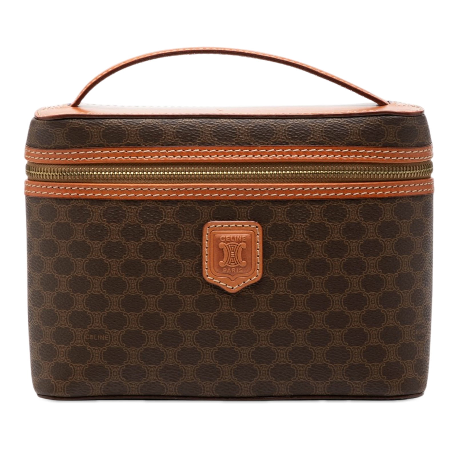 Celine Macadam Vanity Bag in Brown Coated Canvas: Celine Macadam Vanity Bag in Brown Coated Canvas Celine Macadam vanity bag in brown coated canvas with leather trim. This structured bag features a flat top handle and a zip-around top closure. Condit