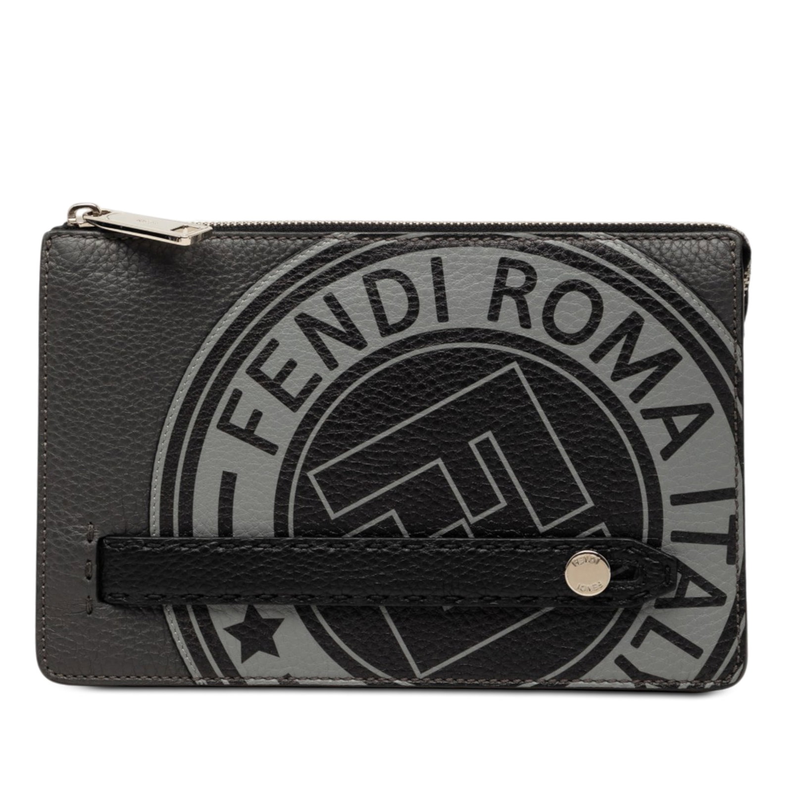 Fendi Selleria Roma Zip Clutch in Black Grained Leather: Fendi Selleria Roma Zip Clutch in Black Grained Leather Fendi Roma Selleria zip clutch in grained black leather with a top zip closure and an interior fitted with one zip pocket and slip pockets. Made