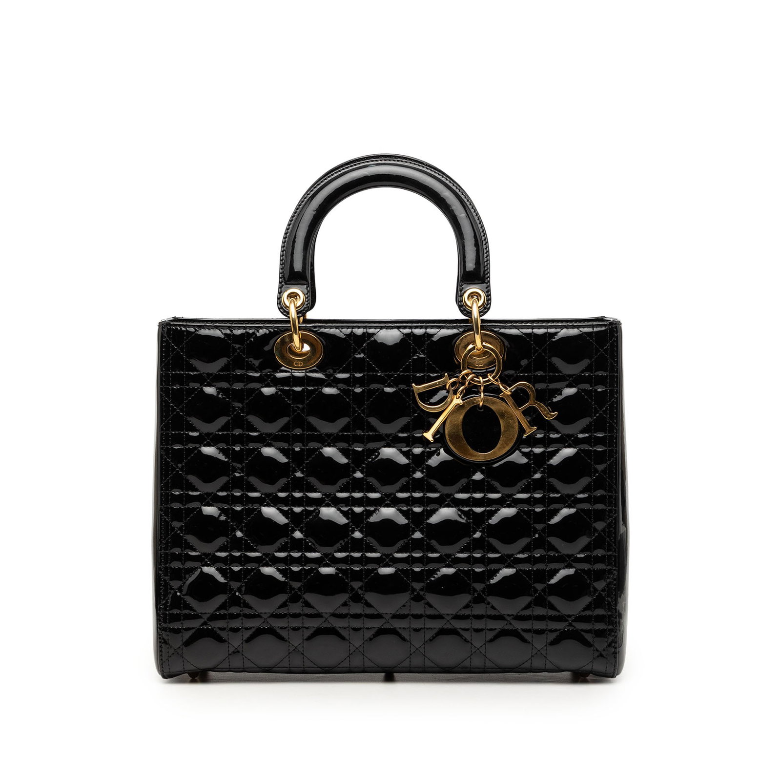 Dior Lady Dior Large Cannage Patent Leather Handbag Black: Dior Lady Dior Large Cannage Patent Leather Handbag Black Large Lady Dior bag in black patent leather with a quilted Cannage body. It features flat leather top handles, a detachable flat strap, a top 