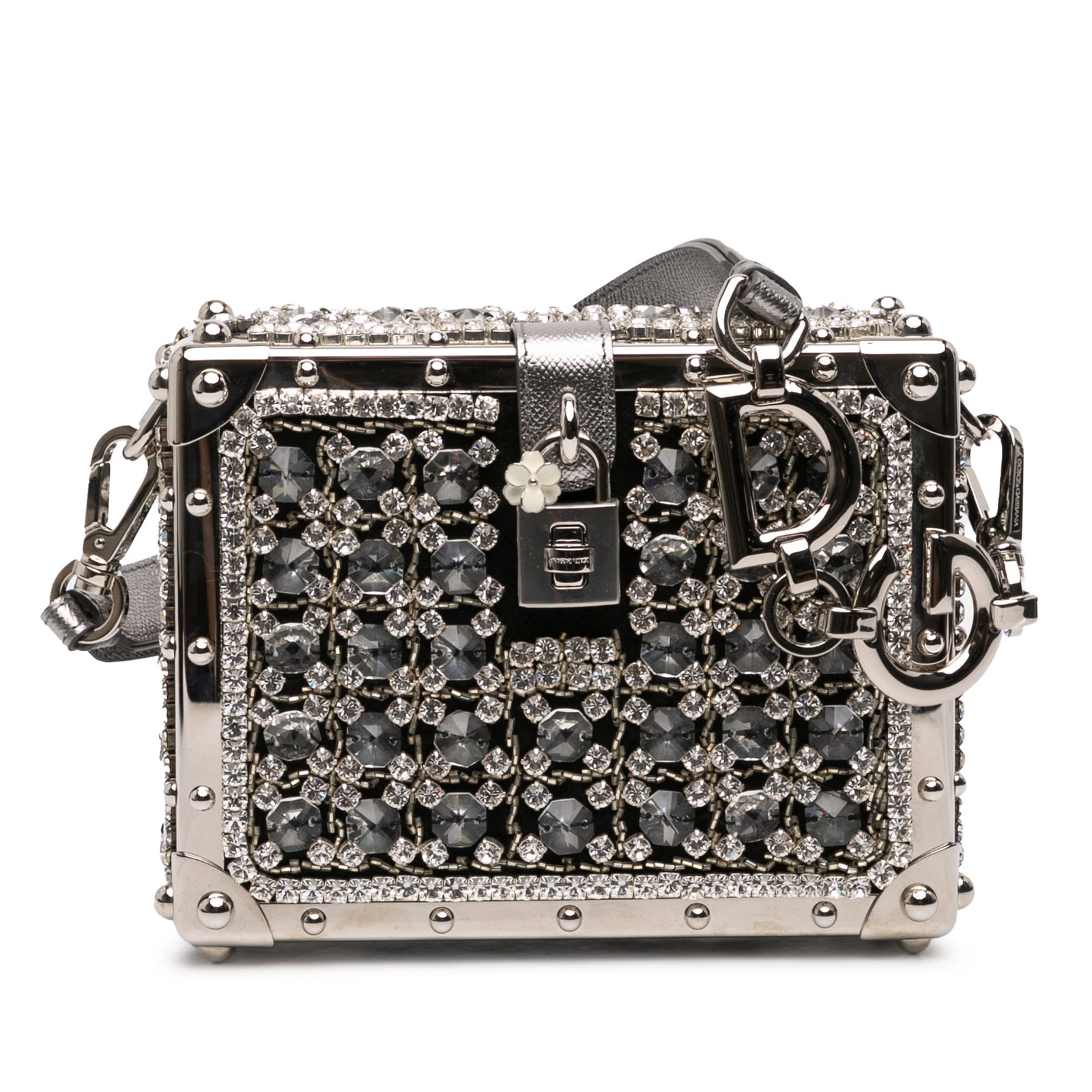 Dolce Box Jacquard Bag with Rhinestone Accents by Dolce & Gabbana: Dolce Box Jacquard Bag with Rhinestone Accents by Dolce & Gabbana This Dolce & Gabbana box bag features a rhinestone-embellished jacquard fabric body in black, complemented by a detachable strap, a to