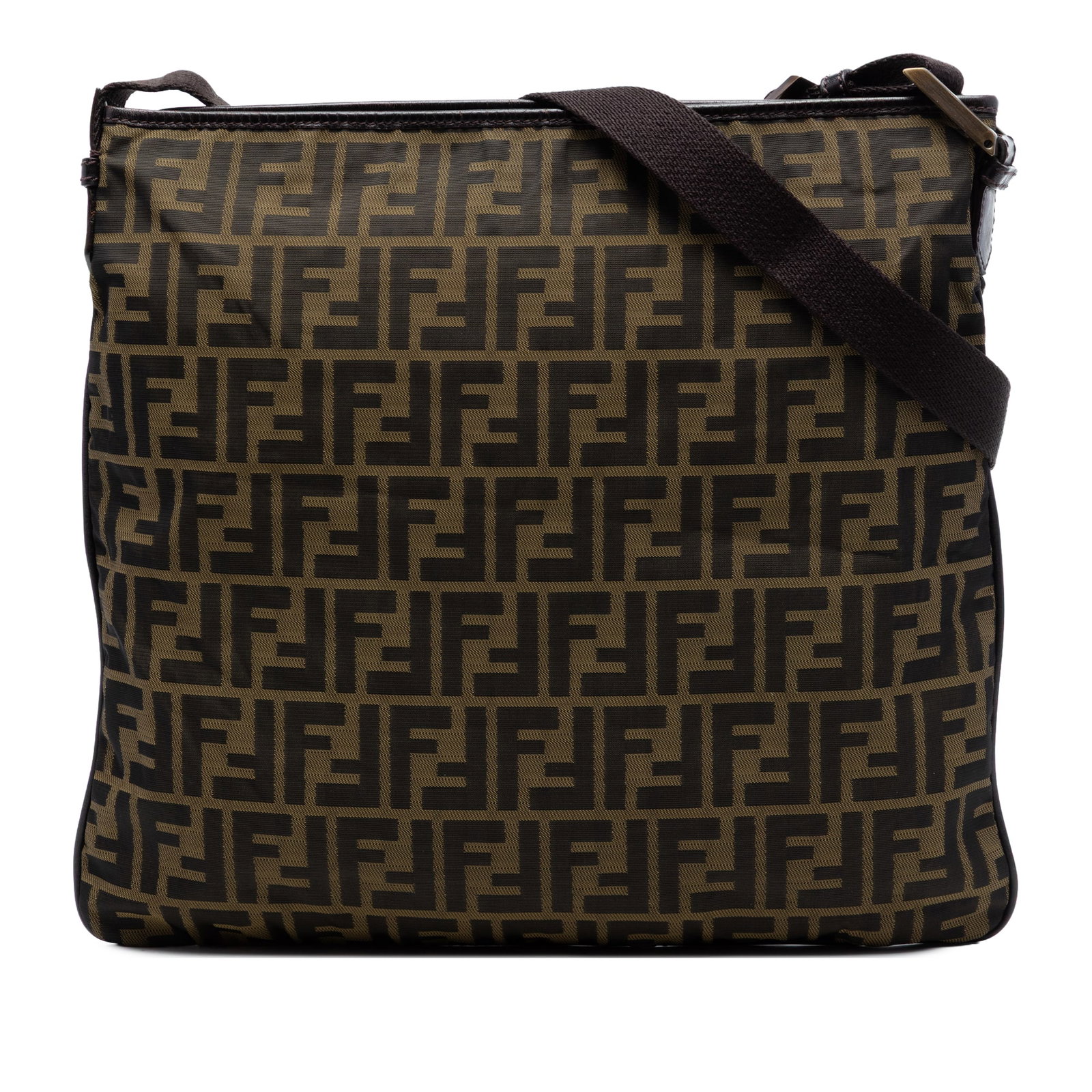 Fendi Zucca Brown Canvas Crossbody Bag: Fendi Zucca Brown Canvas Crossbody Bag Fendi Zucca canvas crossbody bag with an adjustable flat canvas shoulder strap, top zip closure, and interior slip pocket. Made in Italy, this brown fabric bag s