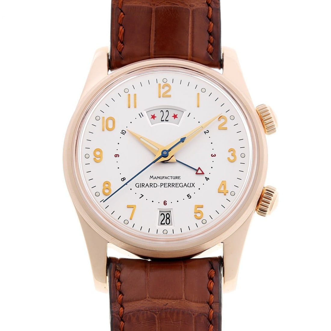 Girard-Perregaux Traveler II GMT Alarm 4940 Pink Gold Men's Watch: Girard-Perregaux Traveler II GMT Alarm 4940 Pink Gold Men's Watch This Girard-Perregaux Traveler II GMT Alarm men's wristwatch features a Swiss-made automatic movement and a pink gold case. The watch 
