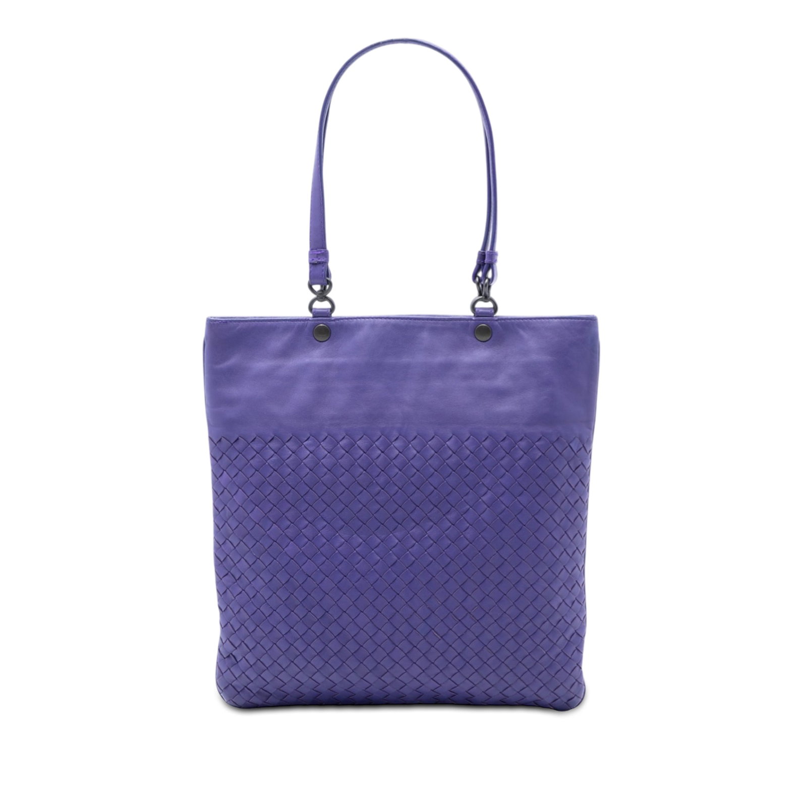 Purple Leather Tote Bag by Bottega Veneta Nappa Intrecciato: Purple Leather Tote Bag by Bottega Veneta Nappa Intrecciato This Bottega Veneta Nappa Intrecciato Flat Tote features a signature woven leather body in purple, flat leather handles, and an open top wit
