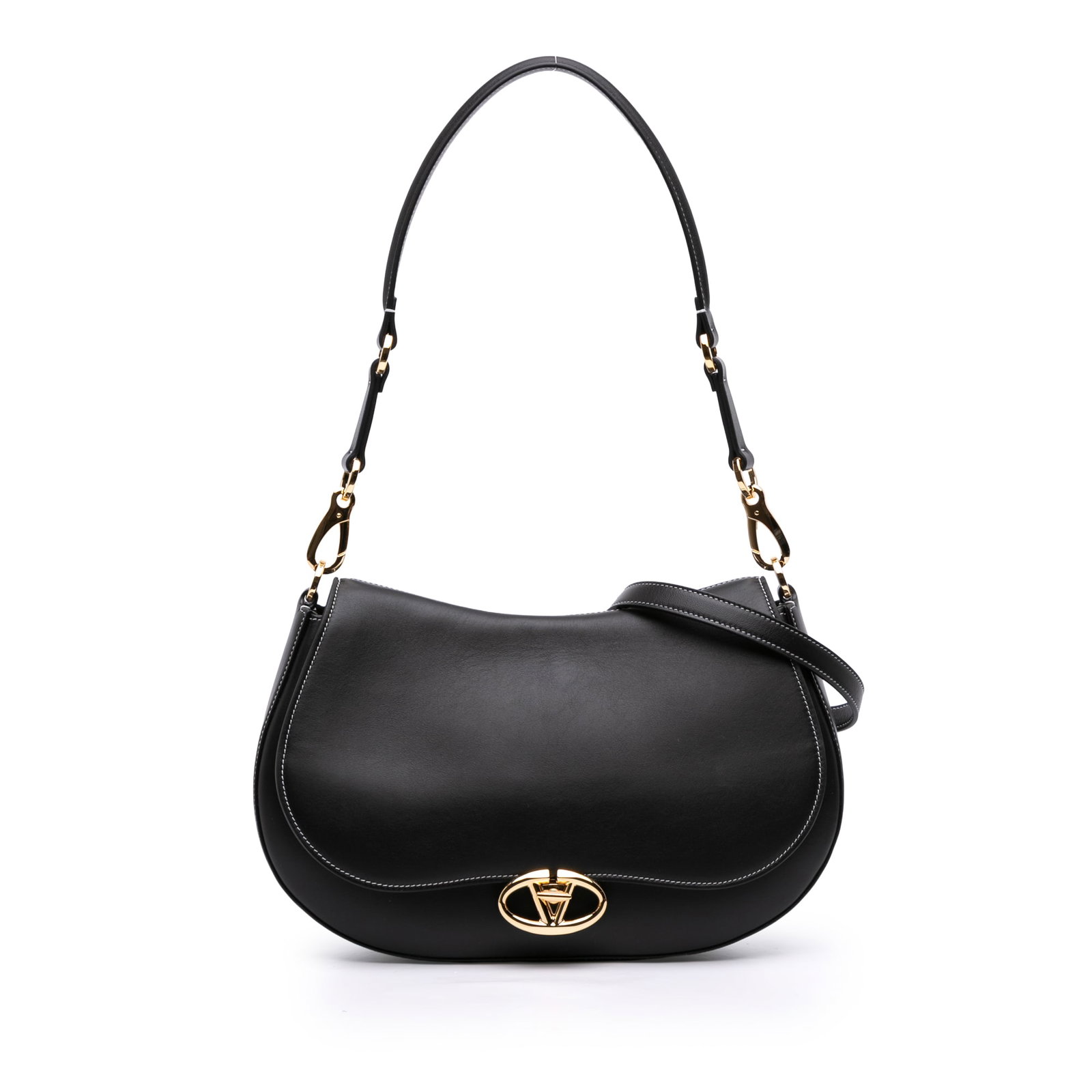 Black Leather Ohval Medium Shoulder Bag by Valentino with Detachable Strap: Black Leather Ohval Medium Shoulder Bag by Valentino with Detachable Strap This Valentino Medium Leather Ohval Flap Bag features a black leather body with a detachable flat leather strap and a long ad