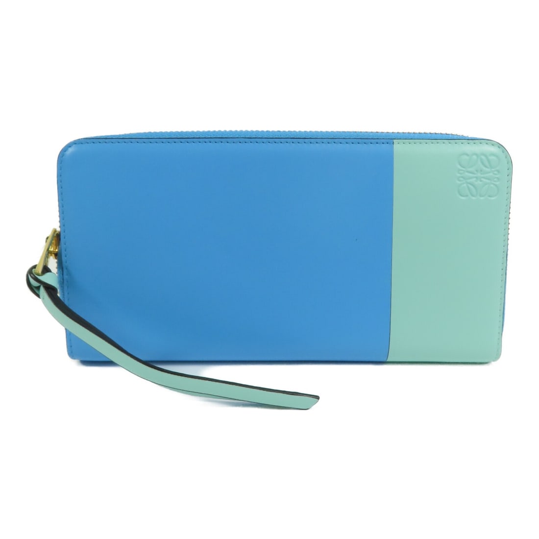 LOEWE calfskin zip around long wallet blue green: LOEWE calfskin zip around long wallet blue green A LOEWE long zip-around wallet crafted from calfskin leather in blue and green. It features two wallet compartments, two open compartments, one coin ca