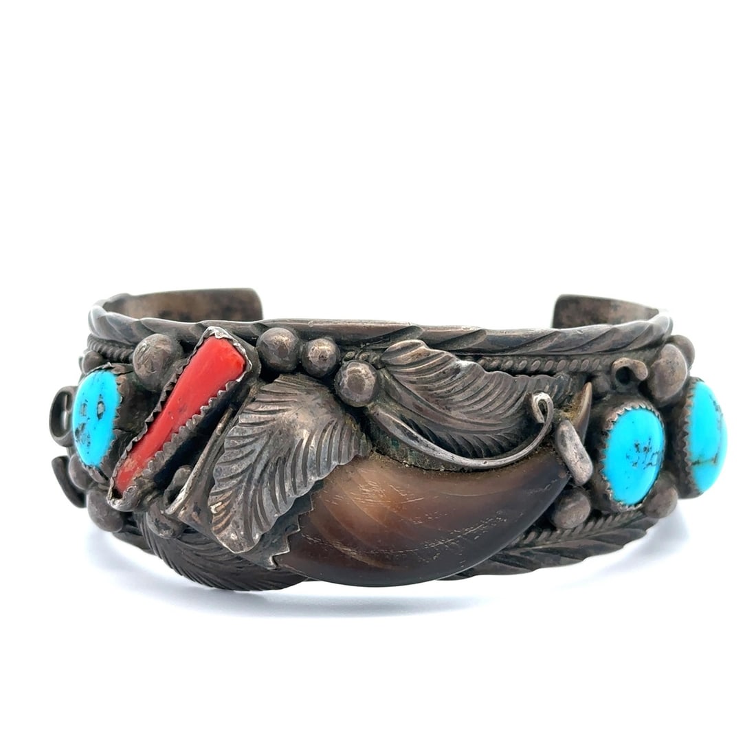 Sterling Silver Open Cuff Bracelet with Turquoise and Coral Handmade (1 of 11)