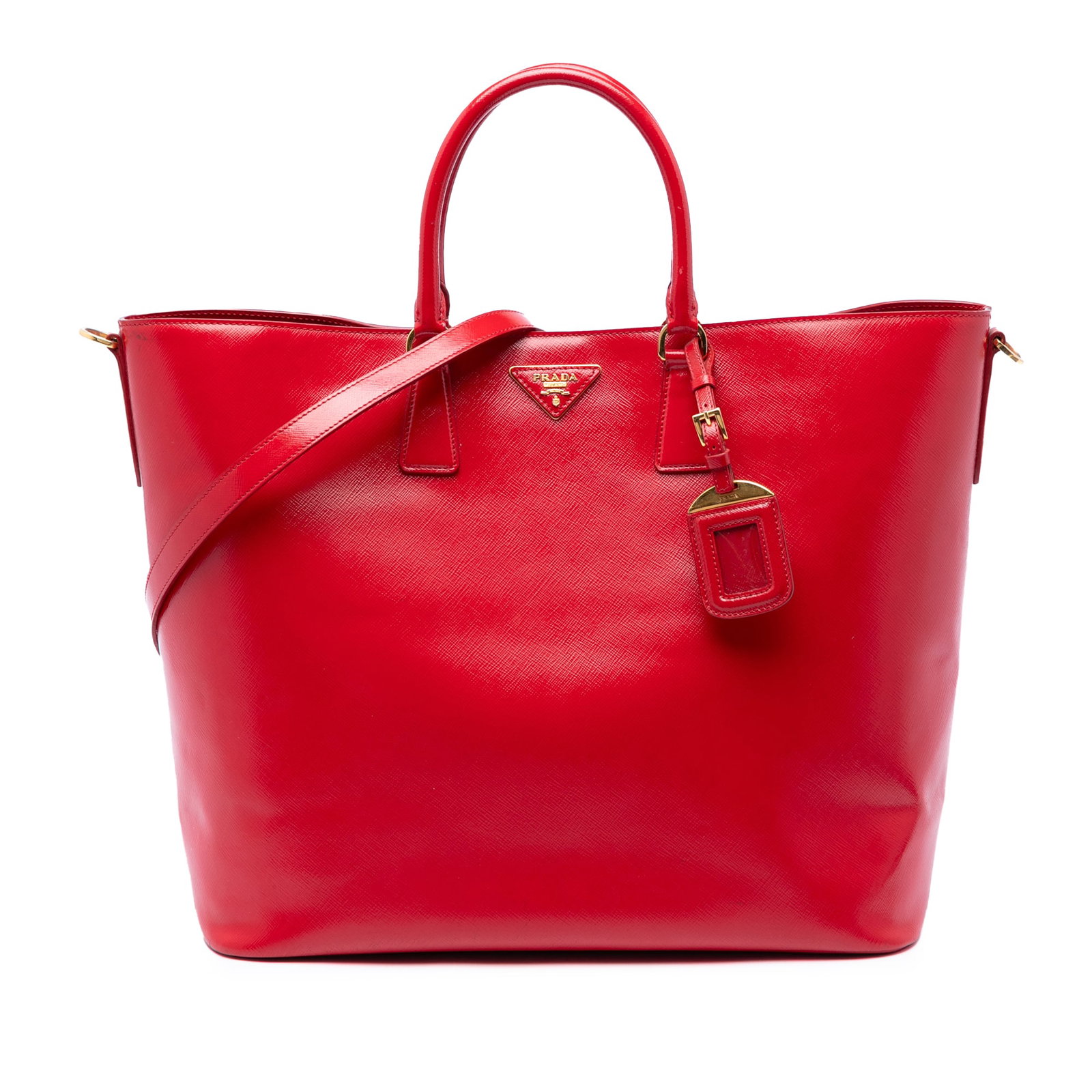 Prada Saffiano Vernice Red Leather Satchel with Detachable Strap: Prada Saffiano Vernice Red Leather Satchel with Detachable Strap This Prada Saffiano Vernice Convertible Tote is a red leather satchel made in Italy. It features a saffiano vernice leather body, rolle
