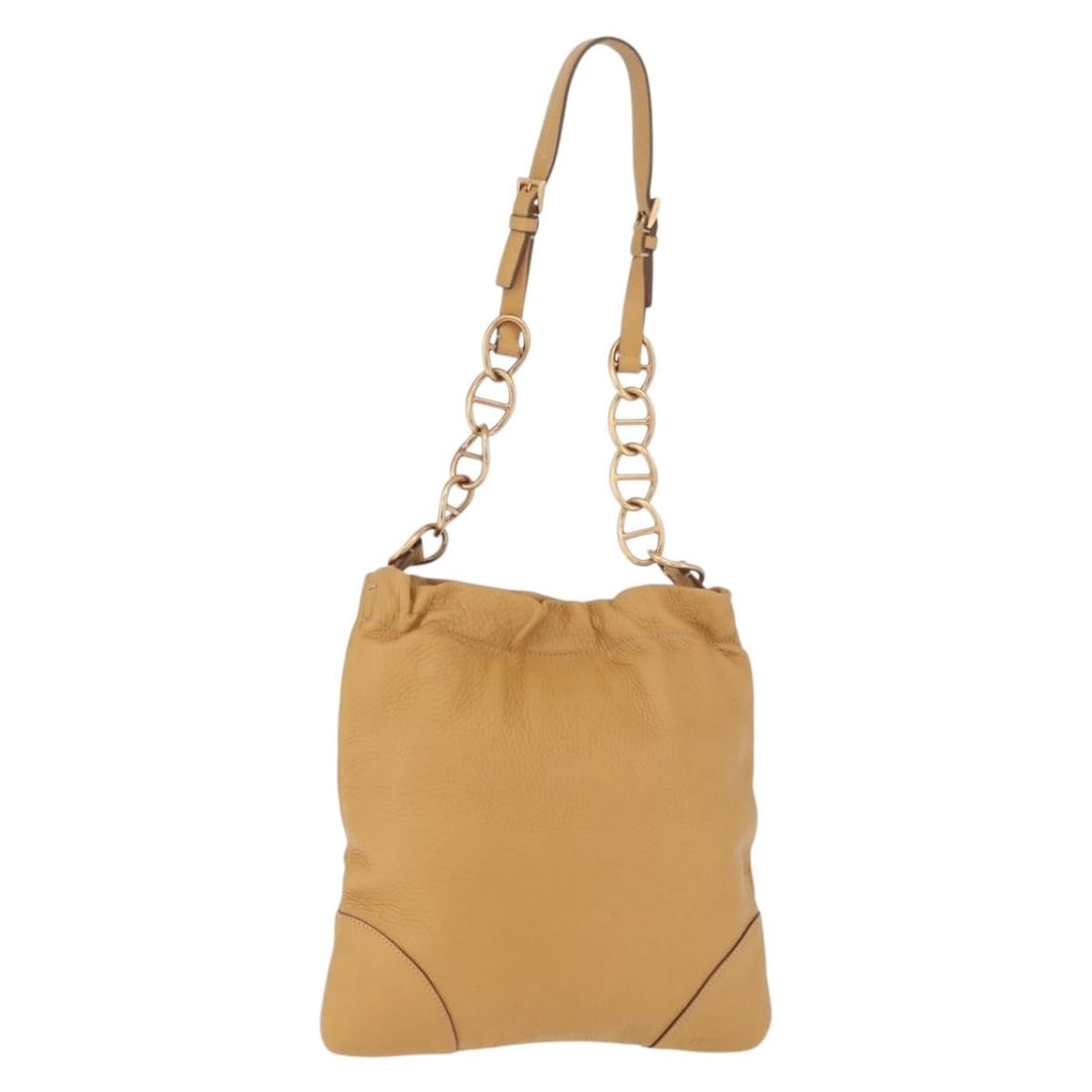 Prada Beige Leather Shoulder Bag with Gold Chain Made in Italy: Prada Beige Leather Shoulder Bag with Gold Chain Made in Italy A Prada chain shoulder bag in beige and gold leather, made in Italy. This shoulder bag measures approximately 29 cm wide by 29 cm high, w