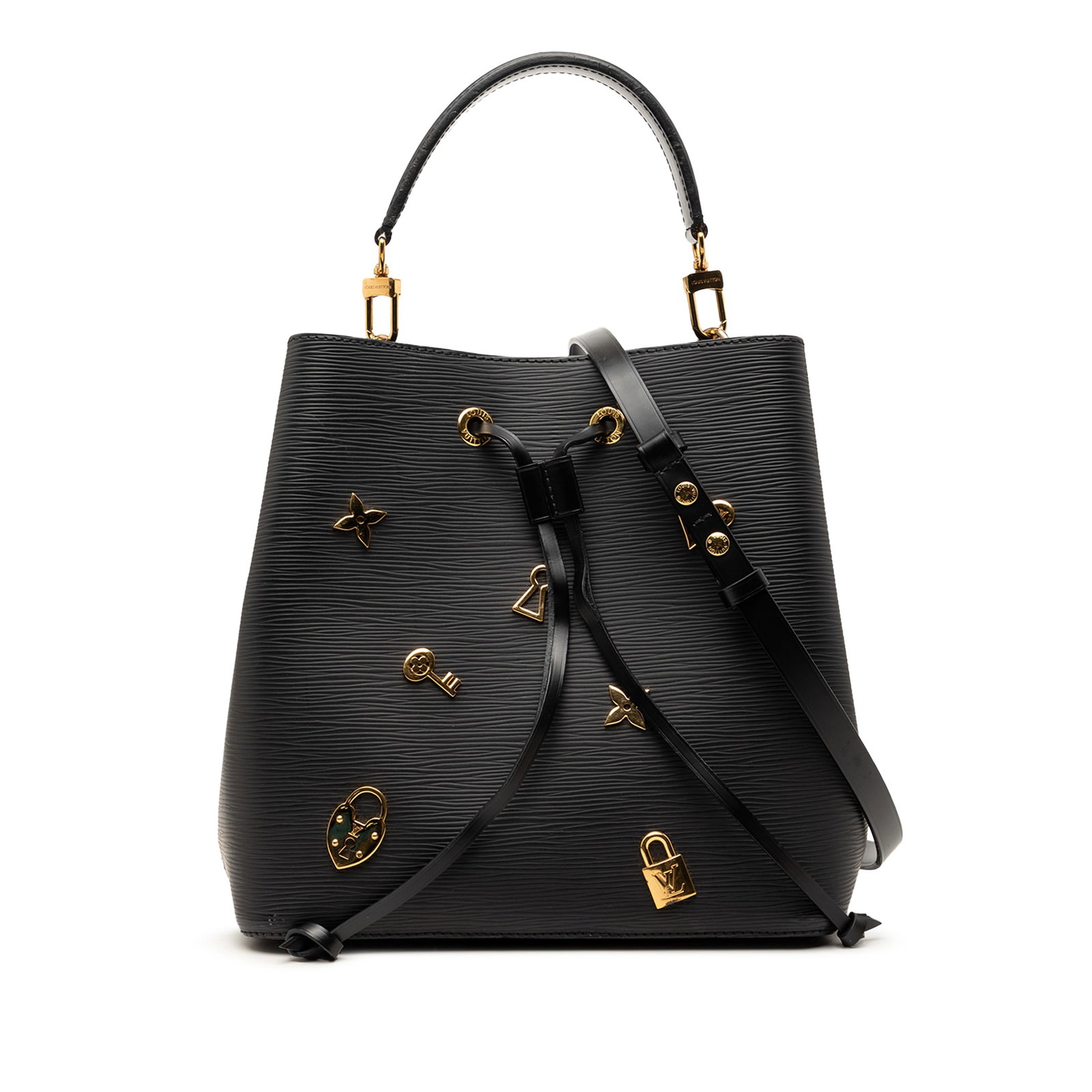Louis Vuitton Epi Love Lock Neonoe Black Leather Bag: Louis Vuitton Epi Love Lock Neonoe Black Leather Bag This Louis Vuitton Epi Love Lock Neonoe bag features a black epi leather body adorned with charms. It offers a detachable flat leather strap, an op