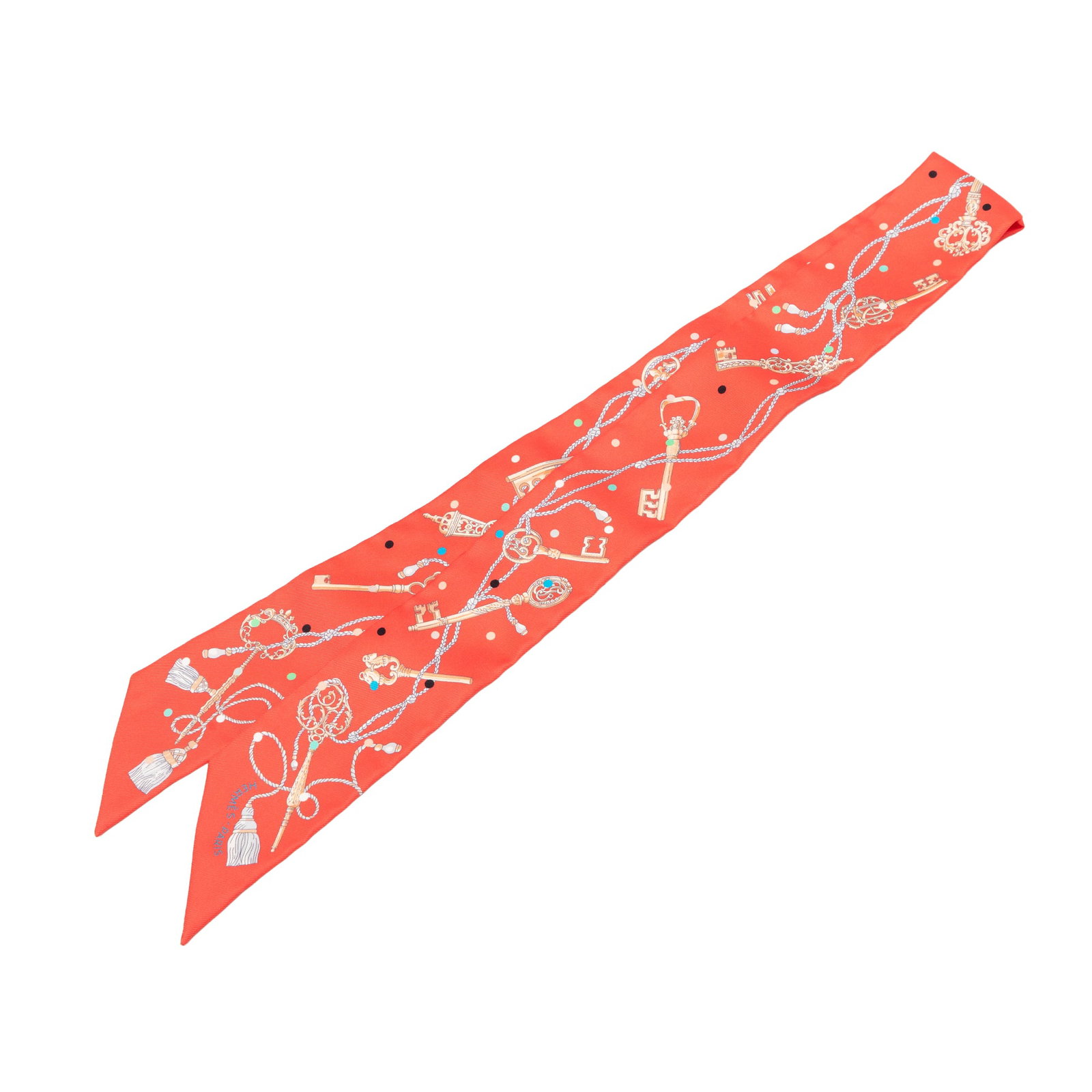 Hermes Les Cles a Pois Twilly Silk Scarf Red: Hermes Les Cles a Pois Twilly Silk Scarf Red Hermes Les Cles a Pois Silk Twilly Scarf featuring the Les Cles a Pois print. It is made of 100% silk and presented in a red colorway. Origin: France. Cond
