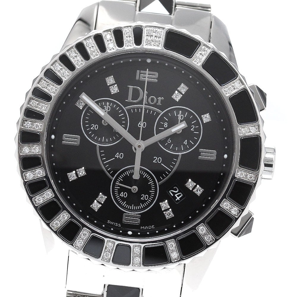 Dior Crystal CD11431E Mens Quartz Chronograph Wristwatch: Dior Crystal CD11431E Mens Quartz Chronograph Wristwatch Pre-owned Dior men's wristwatch, model Crystal, reference CD11431E, with a black dial and crystal diamond bezel. It features a quartz movement 