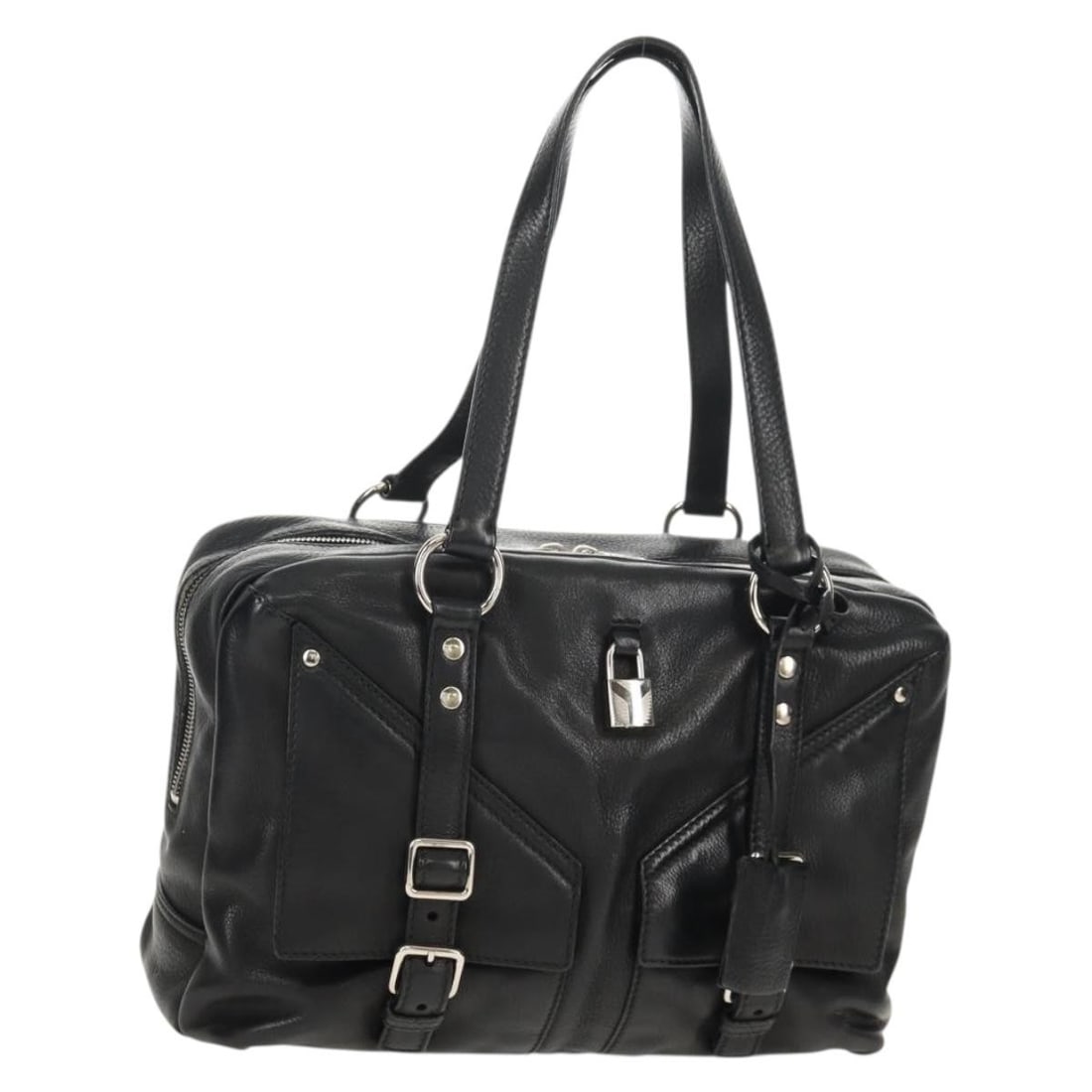 Saint Laurent Black Leather Shoulder Bag with Silver Hardware and Accessories: Saint Laurent Black Leather Shoulder Bag with Silver Hardware and Accessories This Saint Laurent shoulder bag features black leather with silver-tone accents. Designed for women, it offers a structure