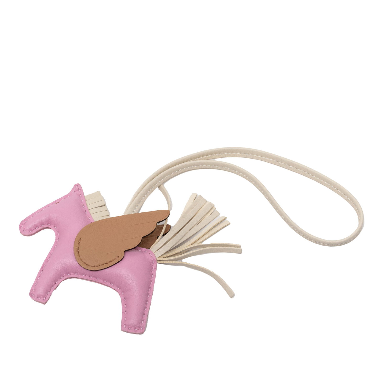 Hermes Rodeo Pegase PM Bag Charm in Lambskin and Calfskin Leather: Hermes Rodeo Pegase PM Bag Charm in Lambskin and Calfskin Leather This Hermes Rodeo Pegase PM bag charm is crafted from Milo lambskin and Swift calfskin leather in Mauve Sylvestre, Craie, and Chai col