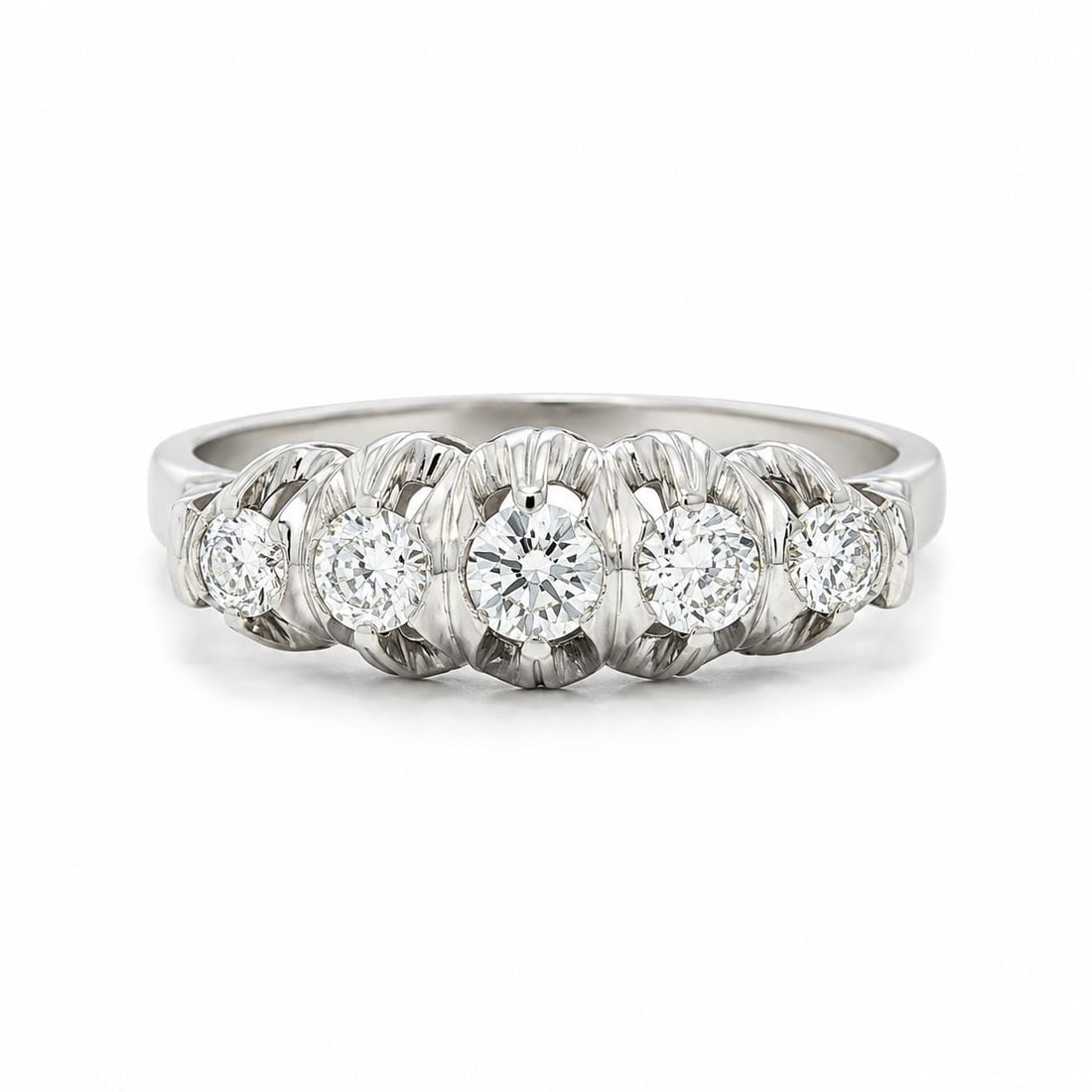 5 Diamond Old European Cut Platinum Band Ring 0.40ctw Antique (1 of 12)
