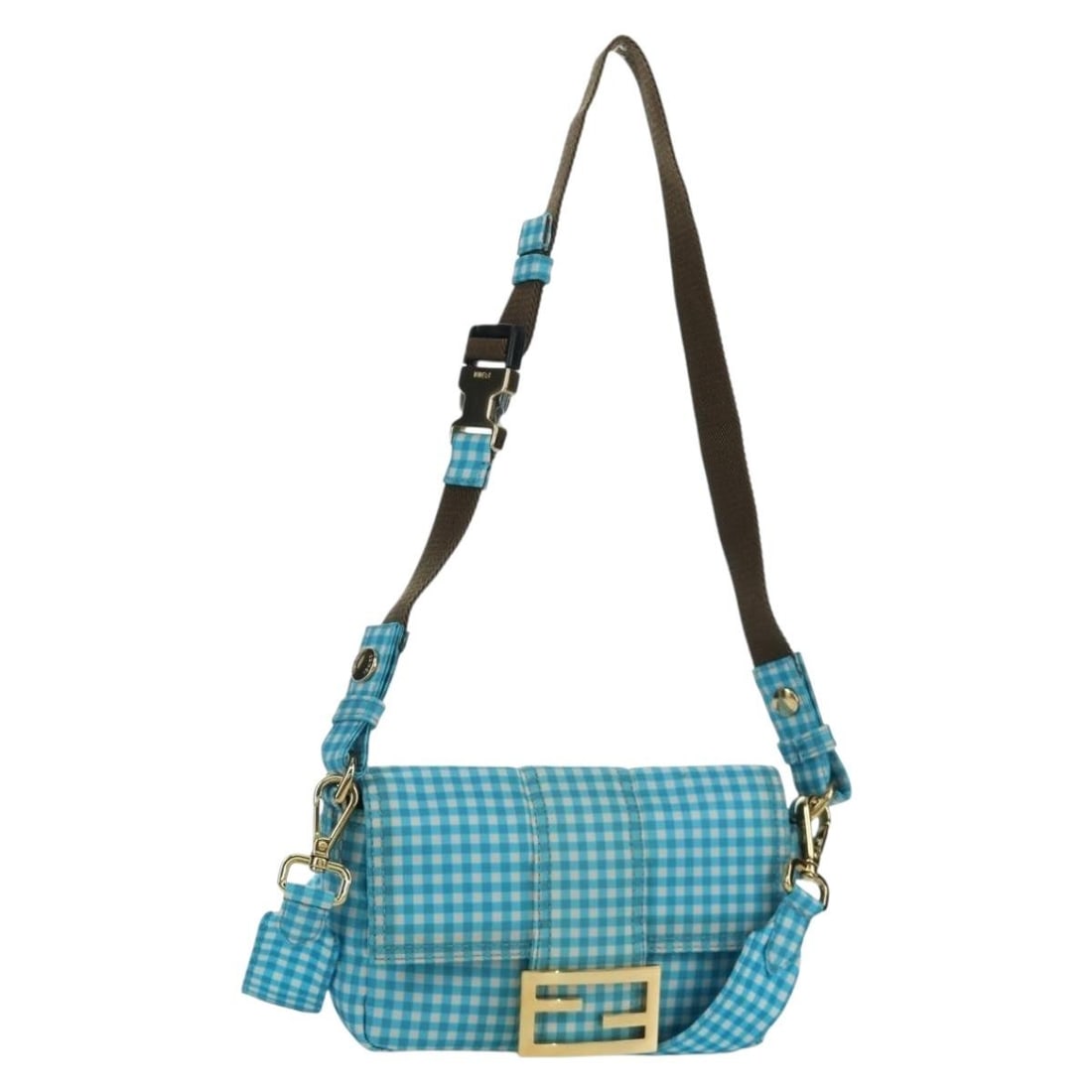 Fendi Mamma Baguette Light Blue Nylon Convertible Shoulder Bag with Gold Accents: Fendi Mamma Baguette Light Blue Nylon Convertible Shoulder Bag with Gold Accents This FENDI Mamma Baguette shoulder bag features a 2-way design crafted from light blue nylon with gold-tone accents. De