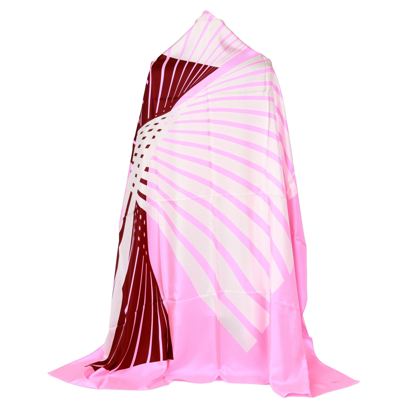 Christian Dior Oversize Pink Silk Geometric Scarf 54 x 54: Christian Dior Oversize Pink Silk Geometric Scarf 54 x 54 Elevate your style with this stunning oversize geometric scarf shawl from Christian Dior. Crafted from luxurious 100% silk, this scarf feature