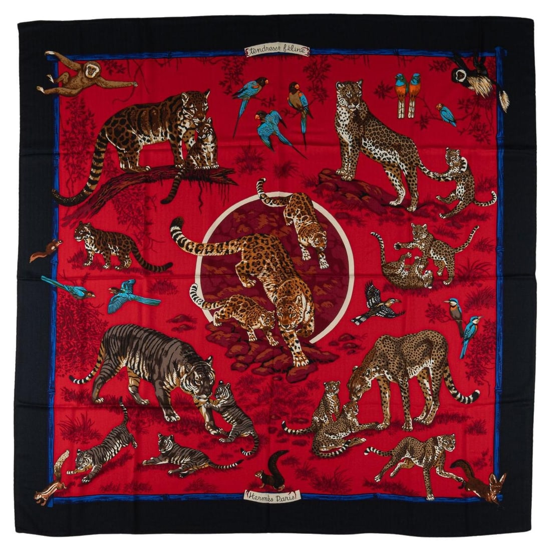 Hermes Tendresse Feline Shawl 54in Cashmere Silk Red Wildlife Pattern: Hermes Tendresse Feline Shawl 54in Cashmere Silk Red Wildlife Pattern The Hermes "Tendresse Feline" Shawl is a stunning piece that showcases a vibrant exotic feline wildlife pattern against a rich red