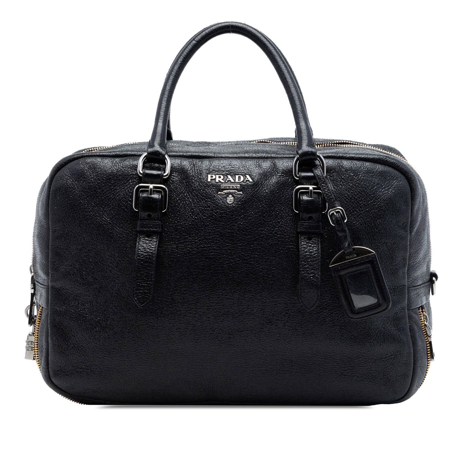 Prada Cervo Lux Bauletto Black Goatskin Leather Satchel: Prada Cervo Lux Bauletto Black Goatskin Leather Satchel Prada Cervo Lux Bauletto handbag in black goatskin leather with rolled leather handles and a top zip closure. It features an exterior bottom zip