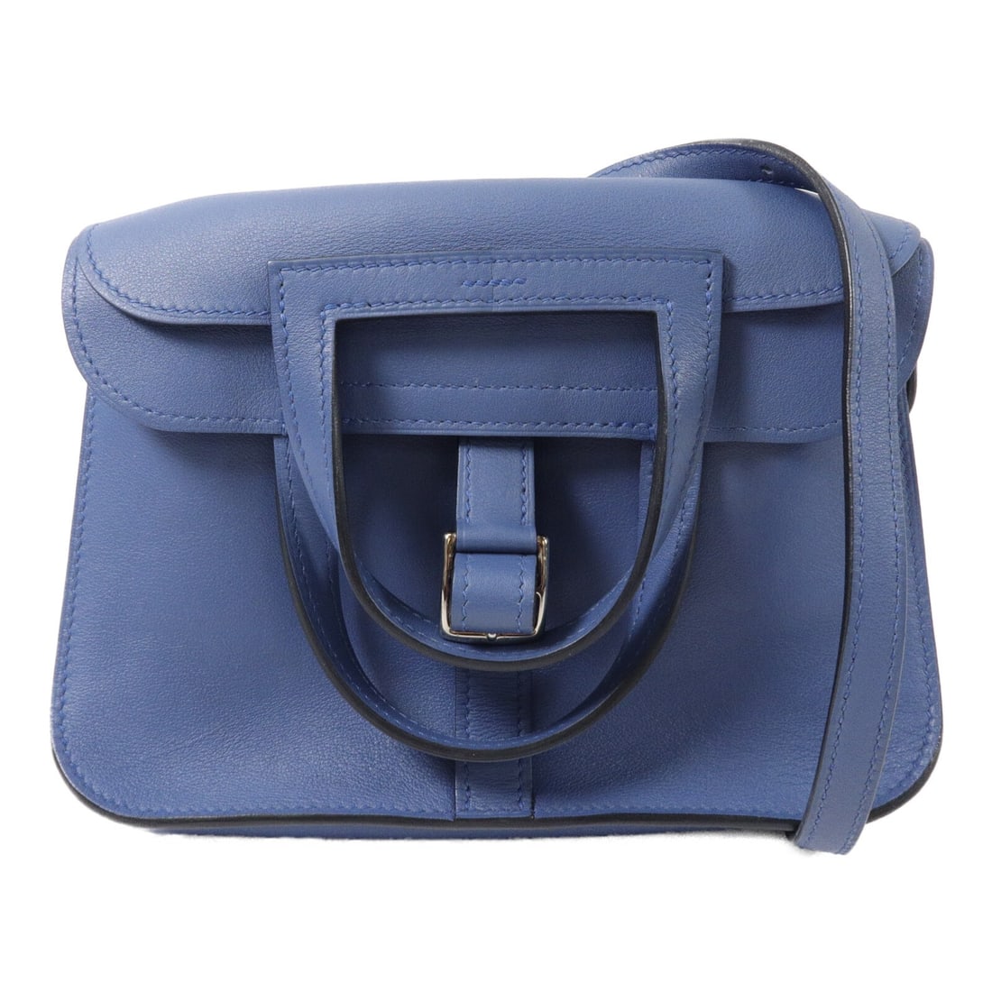 Hermes Mini Halzan 2 Way Bag Bleu Agate Swift Leather PHW: Hermes Mini Halzan 2 Way Bag Bleu Agate Swift Leather PHW Mini Halzan 2 Way Shoulder Bag in Bleu Agate / Blue Agate, made from Vaux Swift leather and calfskin (cowhide). It features a 2-way design wit