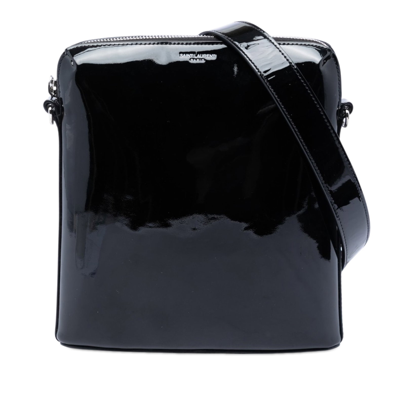 Black Patent Leather Zip Crossbody Bag Saint Laurent: Black Patent Leather Zip Crossbody Bag Saint Laurent Saint Laurent crossbody bag in black patent leather with a patent leather body, adjustable and detachable flat strap, top zip closure, and an inter