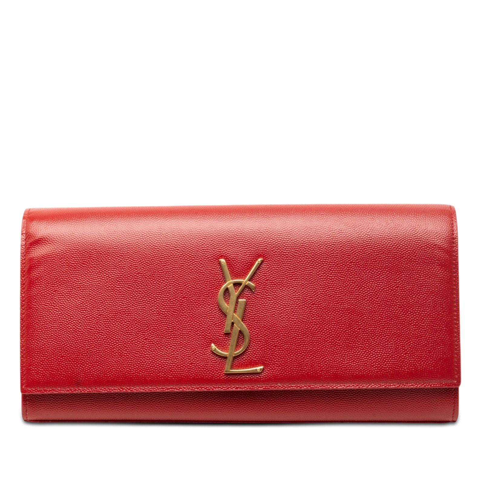 Saint Laurent red leather Cassandre monogram clutch: Saint Laurent red leather Cassandre monogram clutch This Saint Laurent Grain de Poudre Monogram Cassandre Clutch is crafted from red leather and features a front flap with a magnetic closure and an in