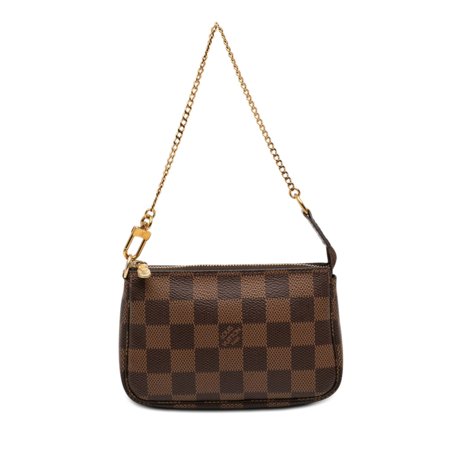 Louis Vuitton Mini Pochette Accessoires Damier Ebene Brown Bag: Louis Vuitton Mini Pochette Accessoires Damier Ebene Brown Bag Louis Vuitton Damier Ebene Mini Pochette Accessoires bag featuring a damier canvas body, a gold-tone chain strap, and a top zip closure. 