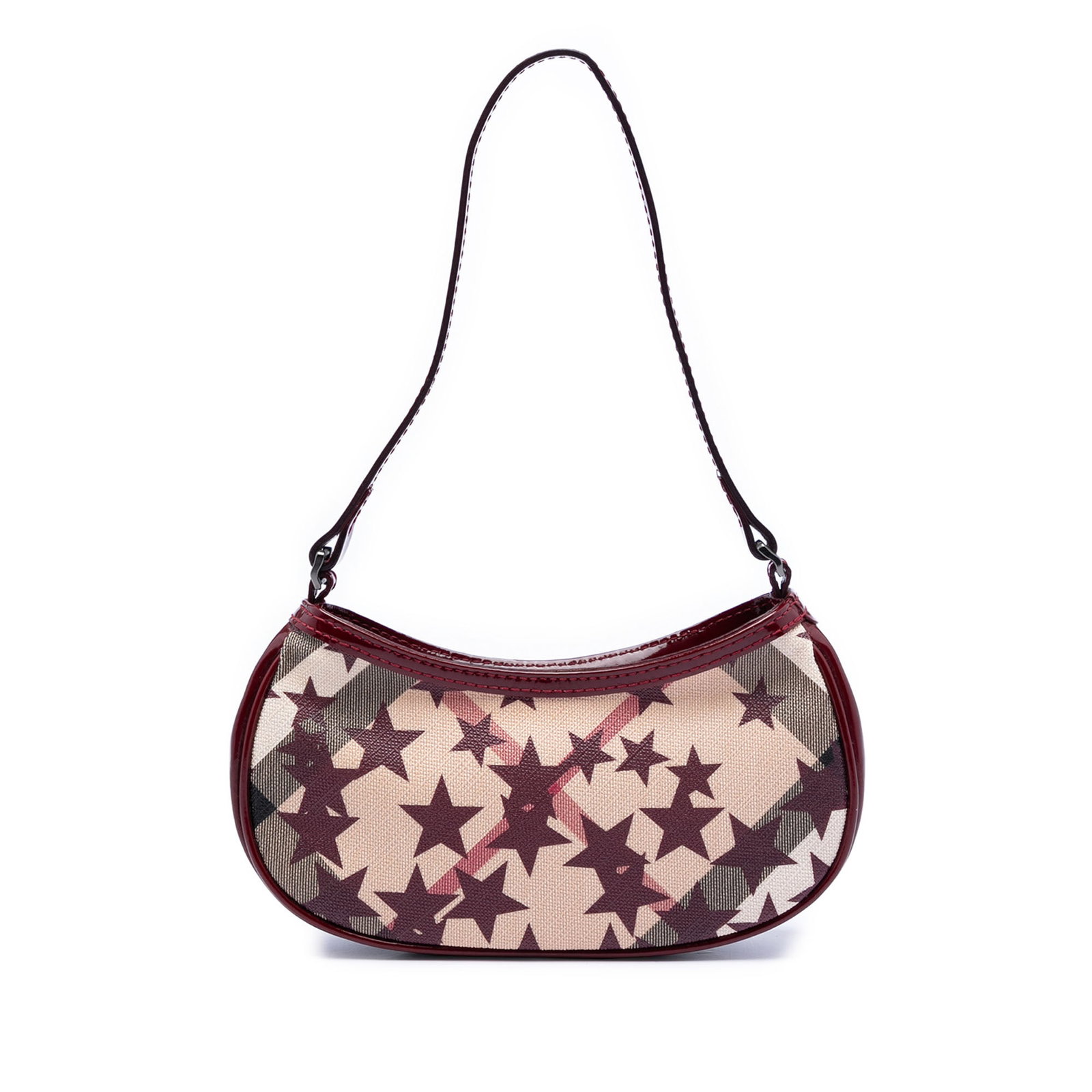 Burberry Stars Hobo Mini Coated Canvas Shoulder Bag: Burberry Stars Hobo Mini Coated Canvas Shoulder Bag This Burberry Mini Supernova Check Stars Hobo is crafted from printed coated canvas with patent leather trim. It features a flat leather handle and 