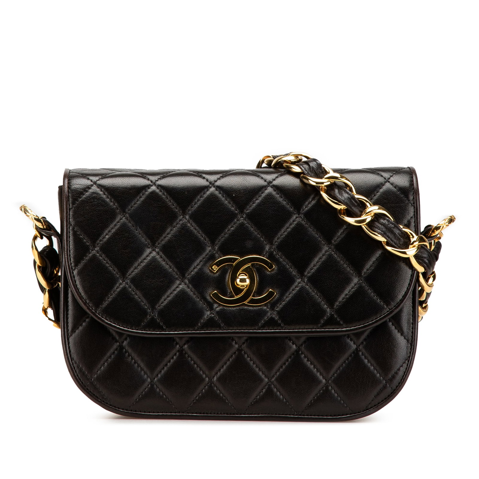 Chanel CC Quilted Lambskin Chain Flap Black Leather Crossbody: Chanel CC Quilted Lambskin Chain Flap Black Leather Crossbody This exquisite Chanel CC Quilted Lambskin Chain Flap crossbody bag showcases a luxurious quilted lambskin leather construction in a classi