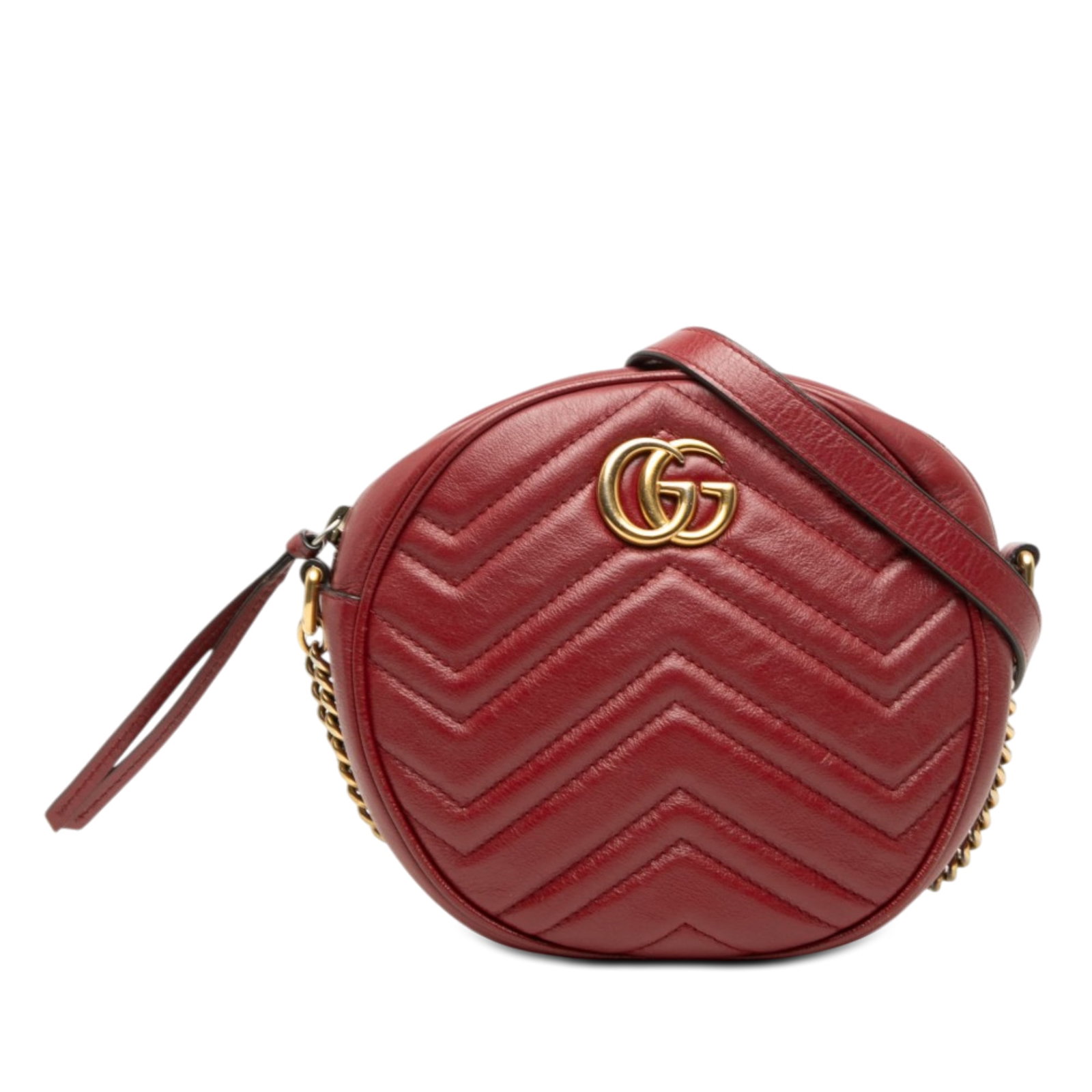 Gucci GG Marmont Mini Round Leather Crossbody Bag Red: Gucci GG Marmont Mini Round Leather Crossbody Bag Red Gucci Mini GG Marmont Matelasse Leather Round Crossbody in red quilted leather. This round crossbody bag features a chain link strap with a leathe