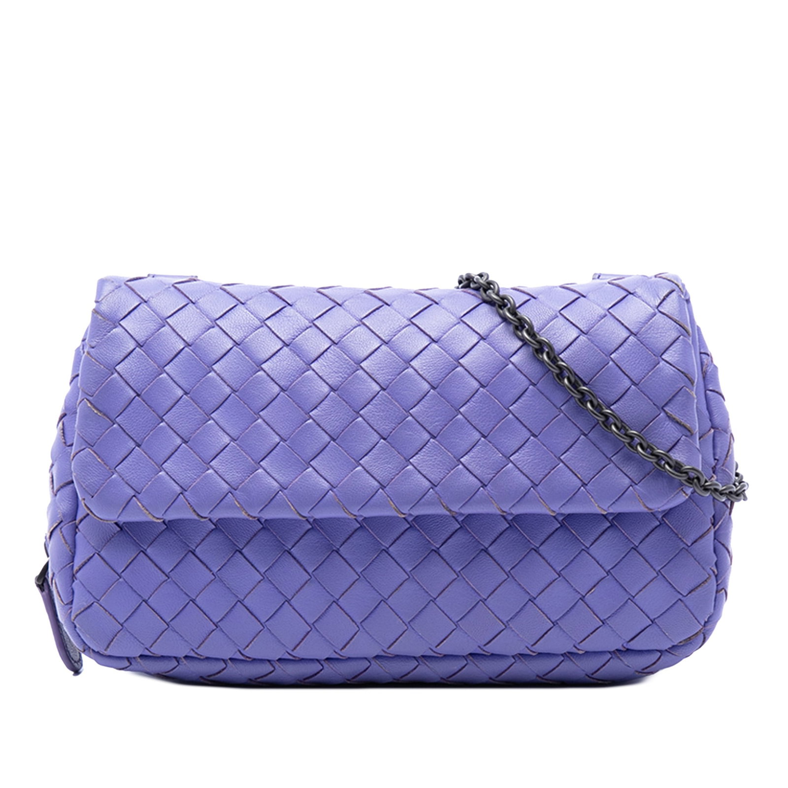 Bottega Veneta Intrecciato Mini Leather Crossbody Bag Purple: Bottega Veneta Intrecciato Mini Leather Crossbody Bag Purple Purple Bottega Veneta Mini Nappa Intrecciato Expandable Chain Flap Crossbody bag with a woven leather body, chain link strap, flap with sna