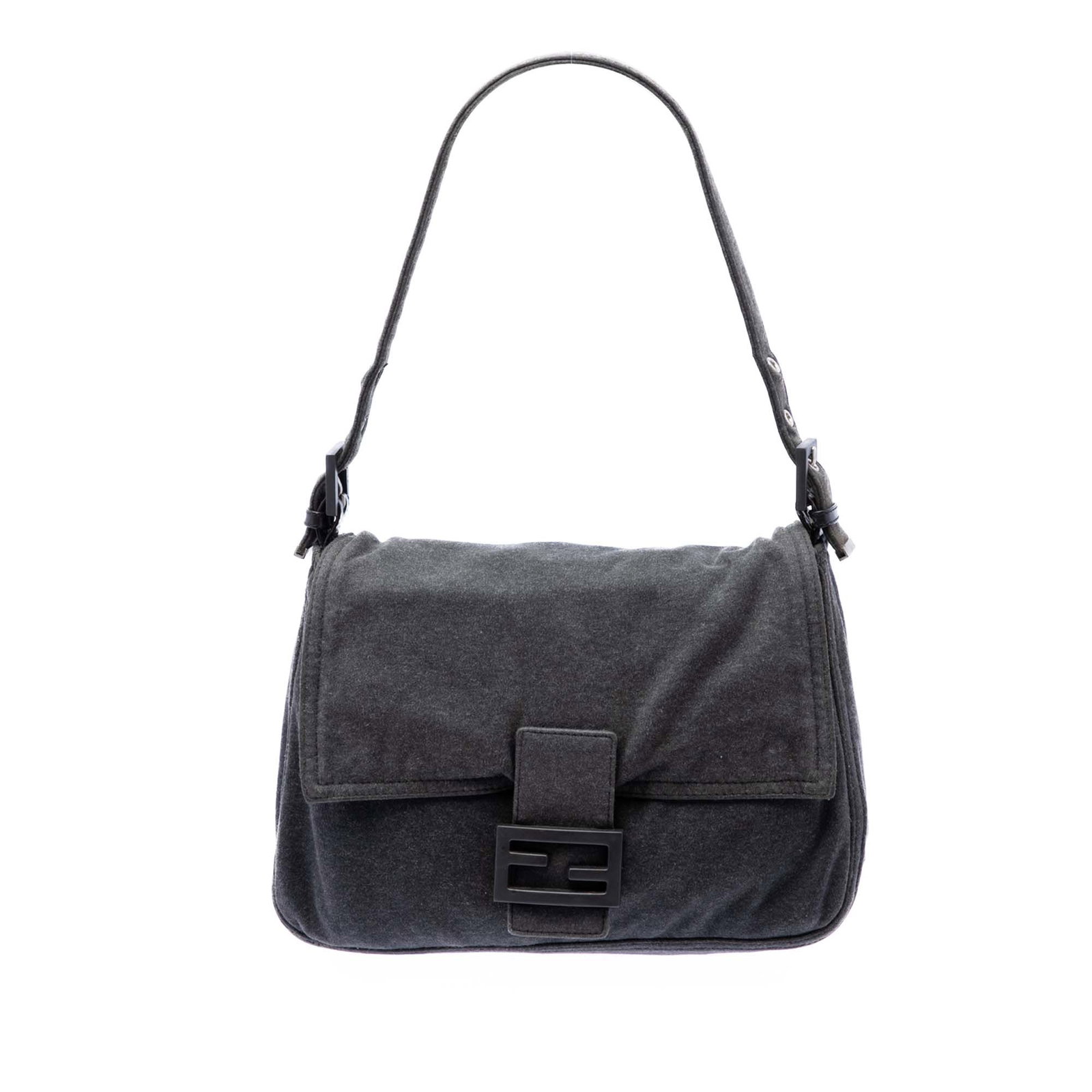 Fendi Mamma Forever Cotton Shoulder Bag Gray: Fendi Mamma Forever Cotton Shoulder Bag Gray Fendi Cotton Mamma Forever shoulder bag in gray fabric with an adjustable flat strap, front flap, and magnetic snap closure. The interior includes a zip po