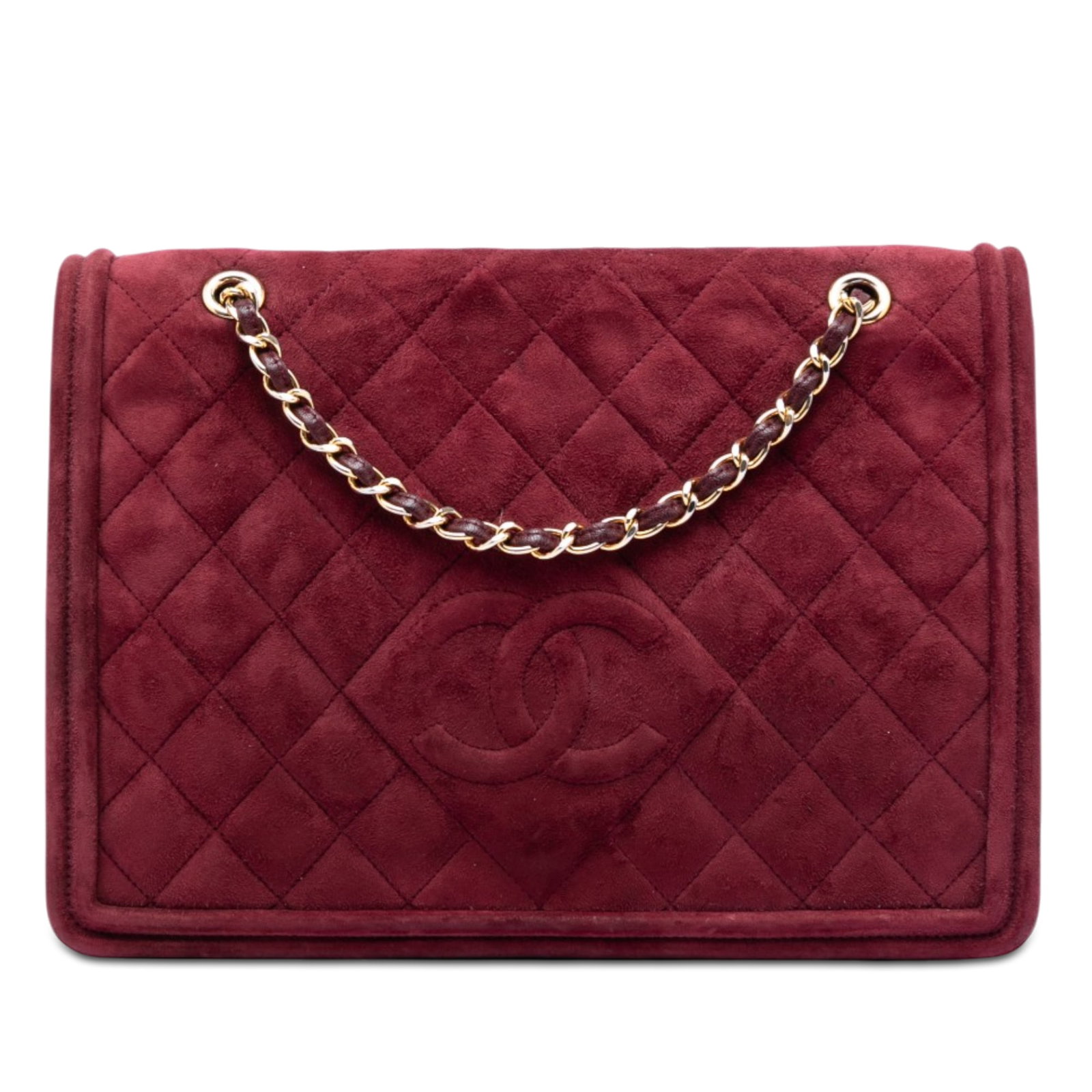 Chanel CC Diamond Full Flap Red Quilted Suede Shoulder Bag: Chanel CC Diamond Full Flap Red Quilted Suede Shoulder Bag This Chanel shoulder bag features a quilted suede body in red with a leather woven chain link shoulder strap, a front flap with magnetic snap
