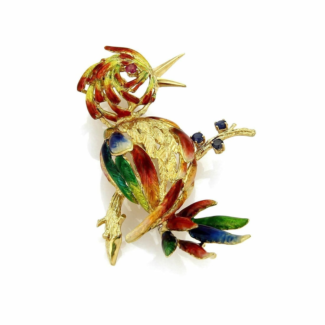 Vintage 18k Yellow Gold Parrot Brooch with Enamel Ruby Sapphire (1 of 5)