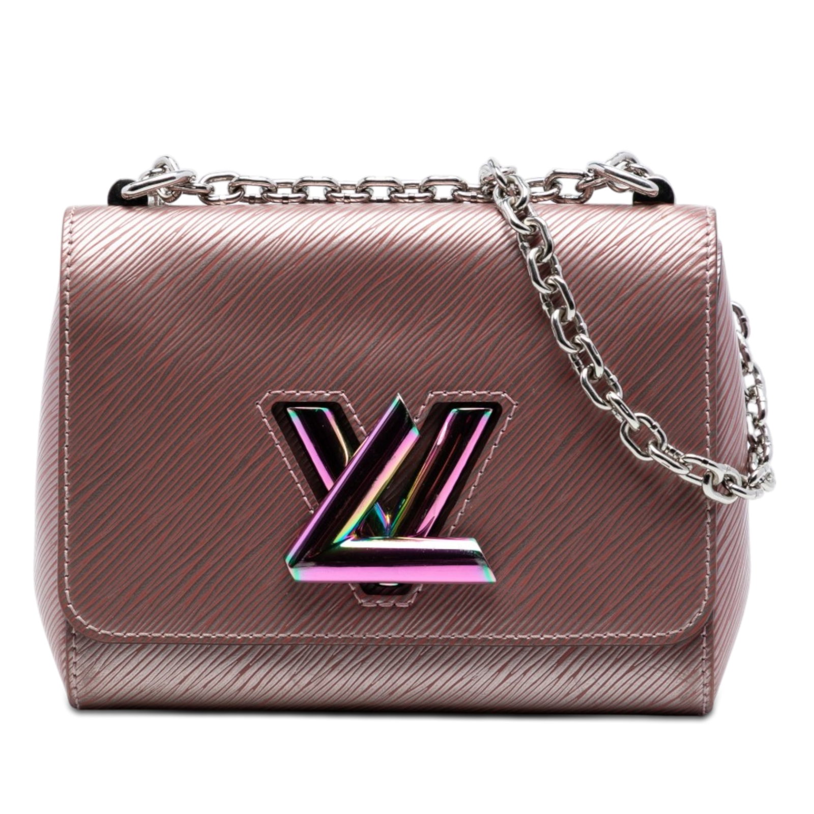Louis Vuitton Twist PM Epi Scarabeo pink leather bag: Louis Vuitton Twist PM Epi Scarabeo pink leather bag This Louis Vuitton Epi Scarabeo Twist PM bag features a metallic epi leather construction in pink, complemented by a chain link strap and a front f