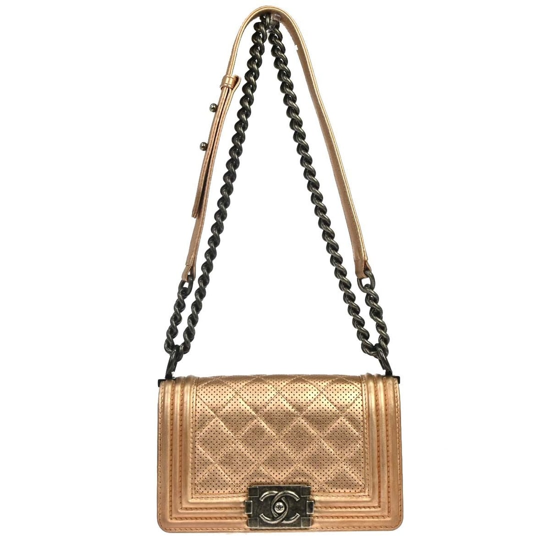 CHANEL Boy Chanel Mini Lambskin Shoulder Bag Metallic Gold: CHANEL Boy Chanel Mini Lambskin Shoulder Bag Metallic Gold This Chanel Boy shoulder bag is crafted in metallic gold lambskin with a perforated design and a clasp flap closure. It features a shoulder s