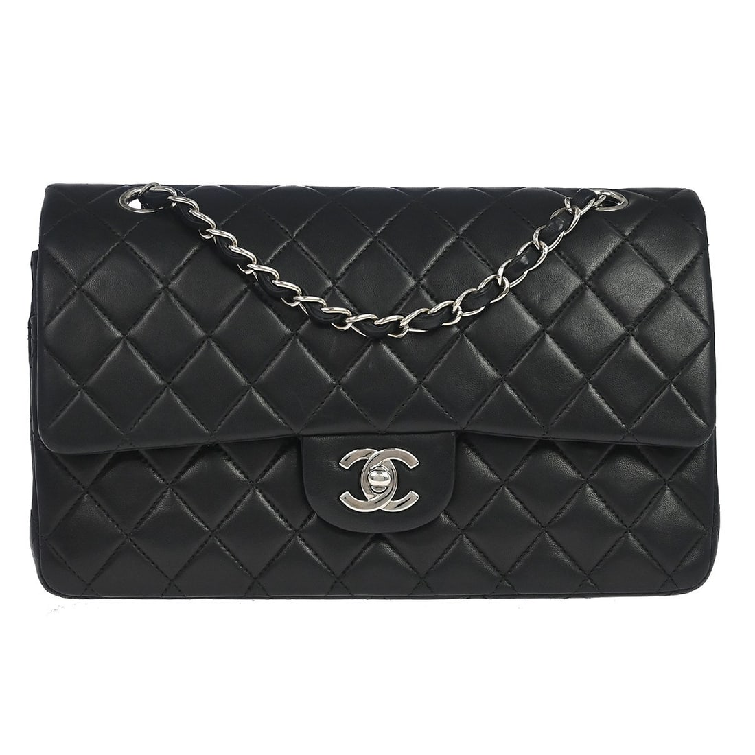 CHANEL Classic Double Flap Medium Shoulder Bag Black Leather: CHANEL Classic Double Flap Medium Shoulder Bag Black Leather Chanel Medium Classic Double Flap shoulder bag in black lambskin leather with a turn-lock closure and shoulder strap. This women's bag feat