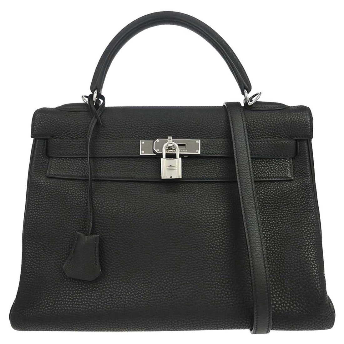 Hermes Kelly 32 Retourne Black Togo Leather 2 Way Satchel: Hermes Kelly 32 Retourne Black Togo Leather 2 Way Satchel Hermes Kelly 32 Retourne 2way handbag in black Togo leather with silver-tone hardware. It features a turn lock flap closure, top handle, detac