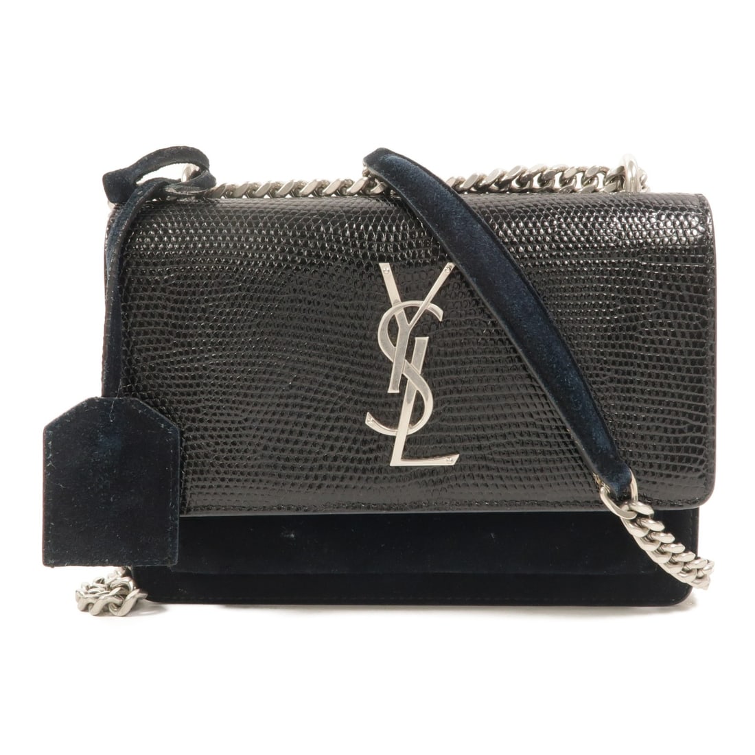 Saint Laurent Sunset Shoulder Bag Black Calfskin Chain Strap FLY441972: Saint Laurent Sunset Shoulder Bag Black Calfskin Chain Strap FLY441972 Saint Laurent YSL SHW Sunset Chain Shoulder Bag in black calfskin leather. The bag features a chain shoulder strap and a magnetic