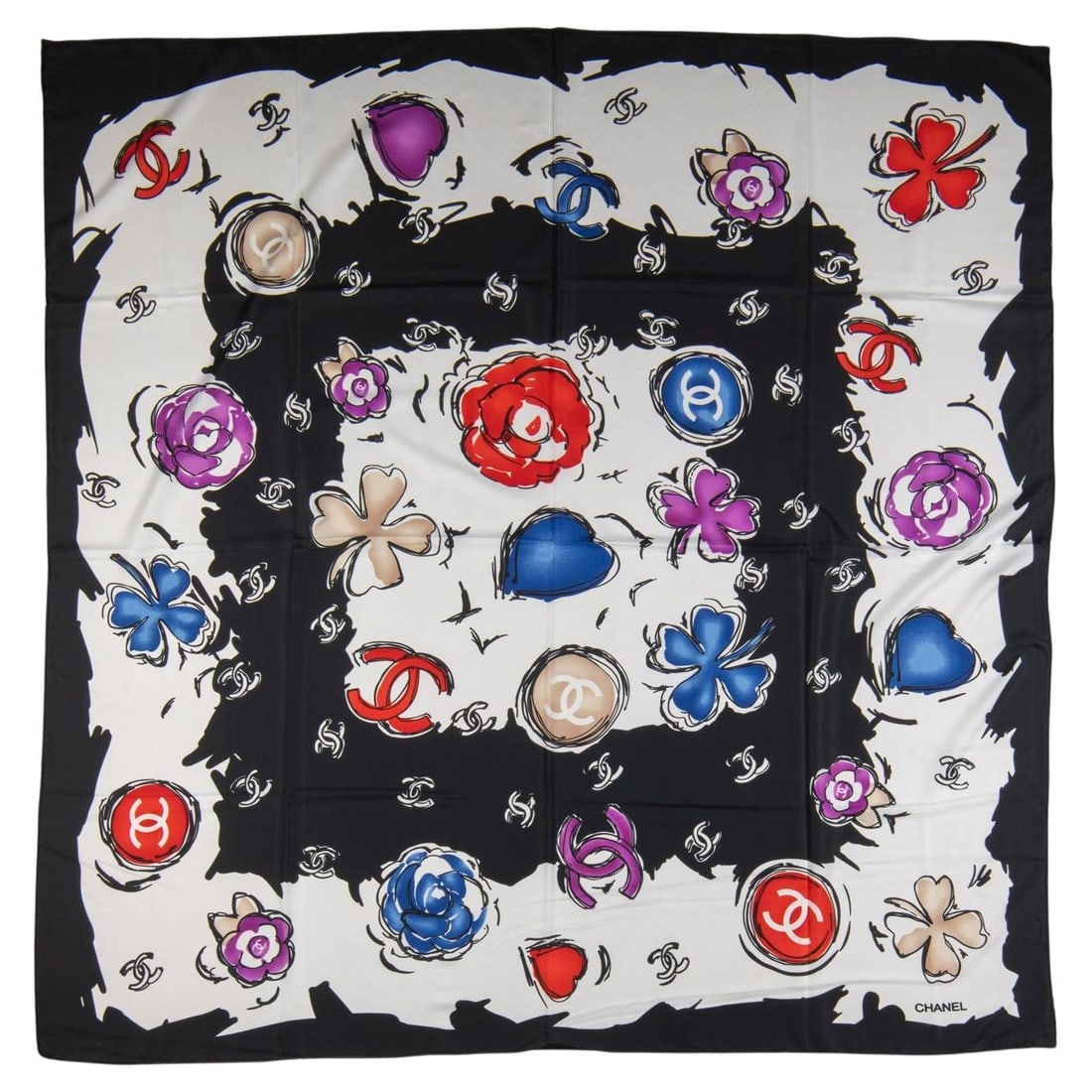 Chanel CC Camellia Clover Heart Silk Shawl 47 x 50 France: Chanel CC Camellia Clover Heart Silk Shawl 47 x 50 France Elevate your style with this exquisite Chanel CC Camellia Clover Heart Shawl. Crafted from 100% silk, this luxurious shawl showcases a vibrant