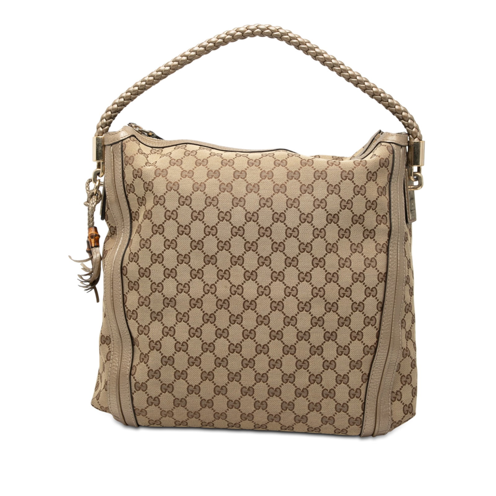 Gucci Bella GG Canvas Tote Beige Fabric Leather Trim: Gucci Bella GG Canvas Tote Beige Fabric Leather Trim This Gucci Large GG Canvas Bella Shoulder Bag features a beige fabric body with leather trim and a braided leather handle. It is designed with a to