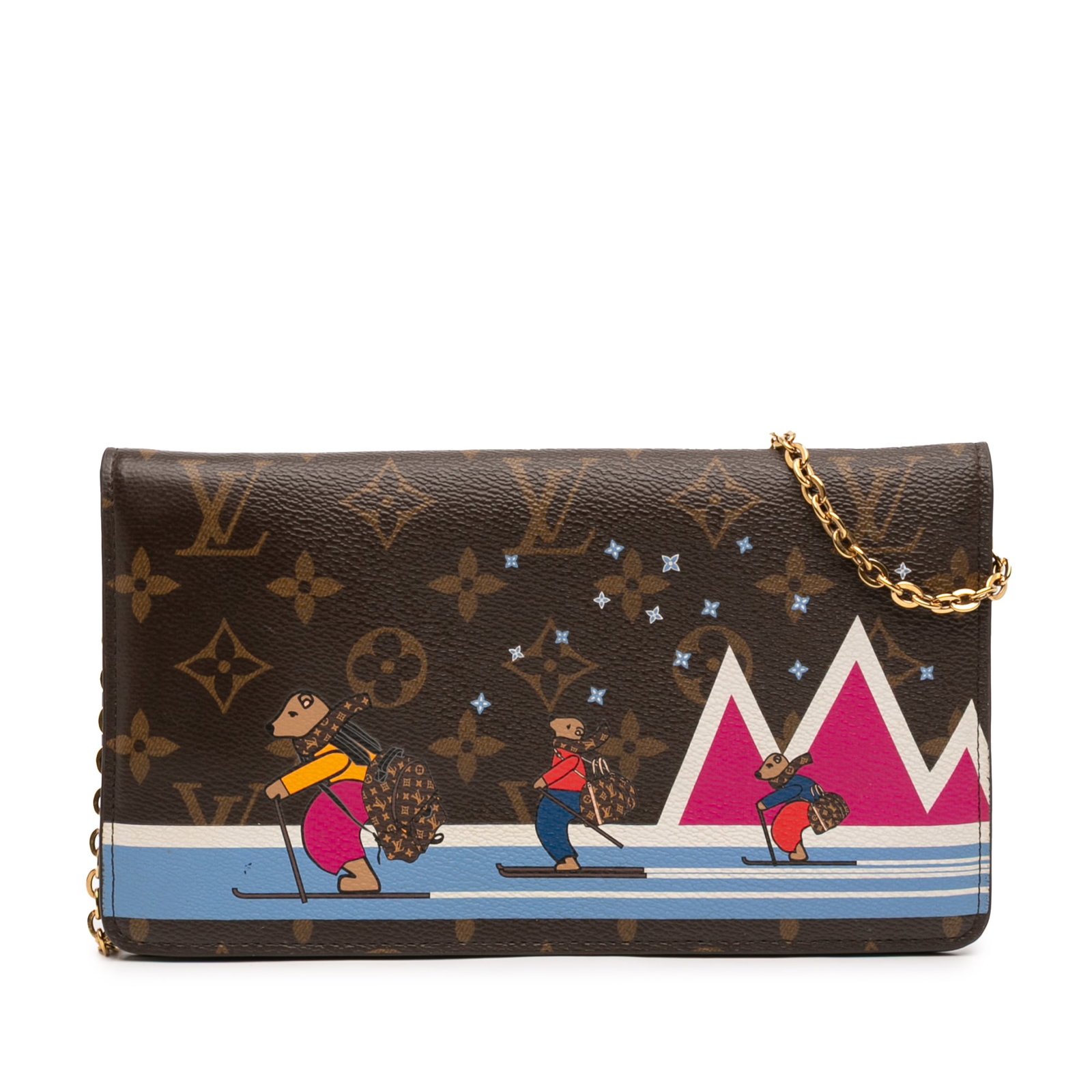 Louis Vuitton Christmas Animation Bears Pochette Weekend Chain Crossbody Bag: Louis Vuitton Christmas Animation Bears Pochette Weekend Chain Crossbody Bag The Louis Vuitton Monogram Christmas Animation Bears on Skis Pochette Weekend Chain Wallet is a crossbody bag crafted from 