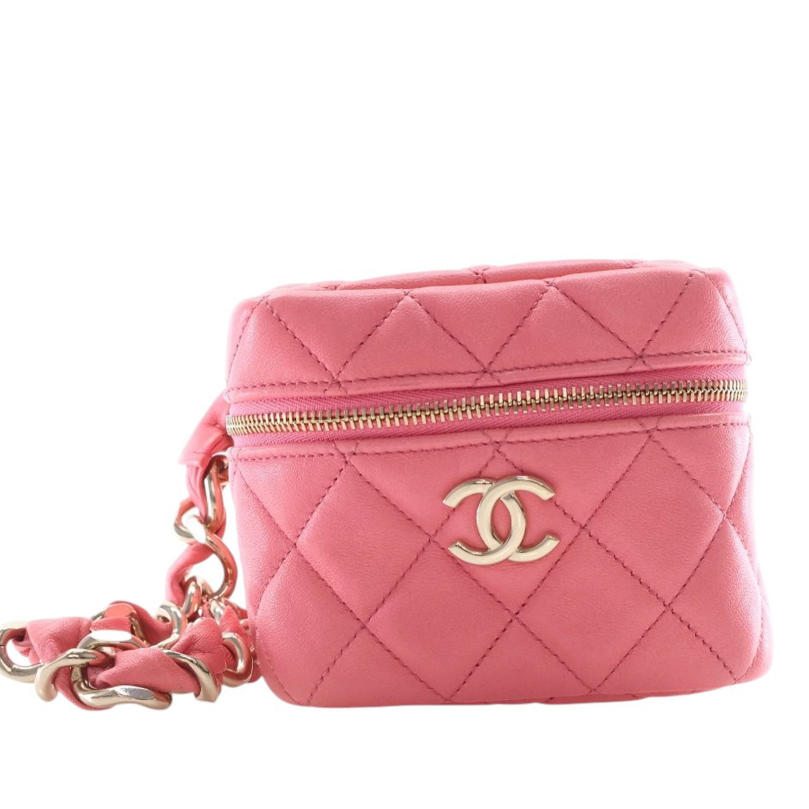 Chanel Cube Chain Wristlet Case in Pink Quilted Lambskin: Chanel Cube Chain Wristlet Case in Pink Quilted Lambskin Chanel quilted lambskin cube chain wristlet case in pink with a leather-woven chain strap and zip-around closure. Made in France, this compact 