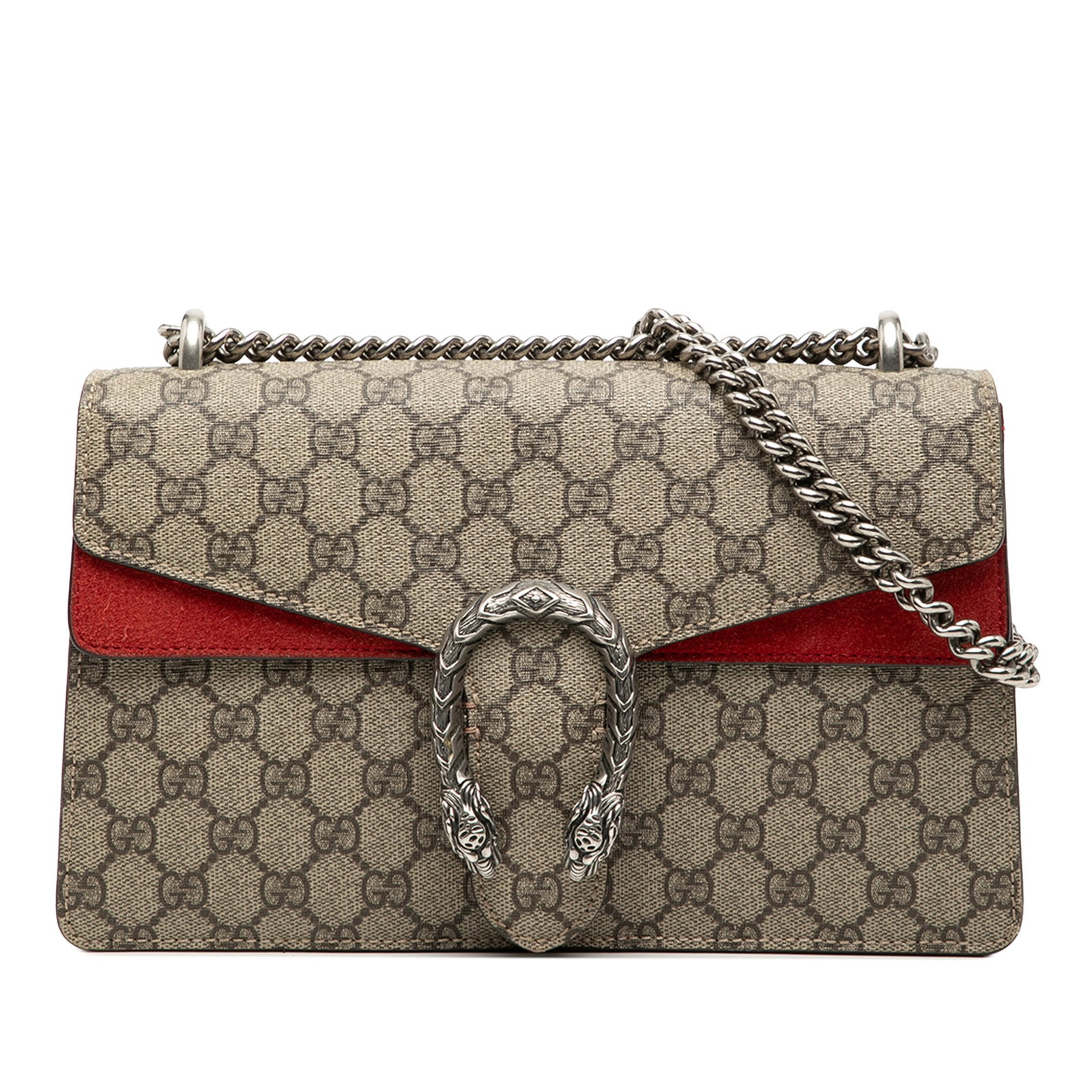 Gucci Dionysus Medium GG Supreme Canvas Shoulder Bag with Suede Trim: Gucci Dionysus Medium GG Supreme Canvas Shoulder Bag with Suede Trim This Gucci Medium GG Supreme Dionysus Shoulder Bag showcases a coated canvas body with suede leather trim, complemented by a silver