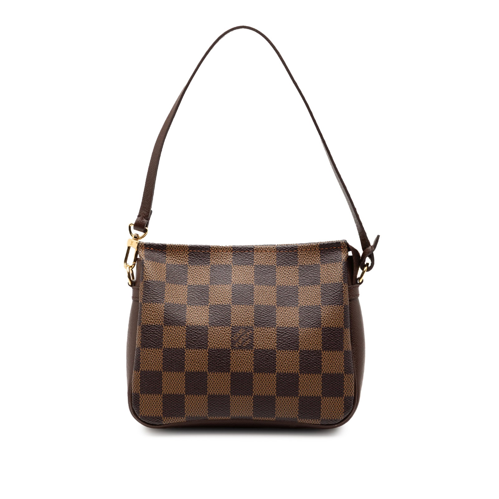 Louis Vuitton Damier Ebene canvas pouch with leather accents: Louis Vuitton Damier Ebene canvas pouch with leather accents The Louis Vuitton Damier Ebene Trousse Pochette features the iconic Damier canvas with leather trim, a flat leather strap, and a top zip cl