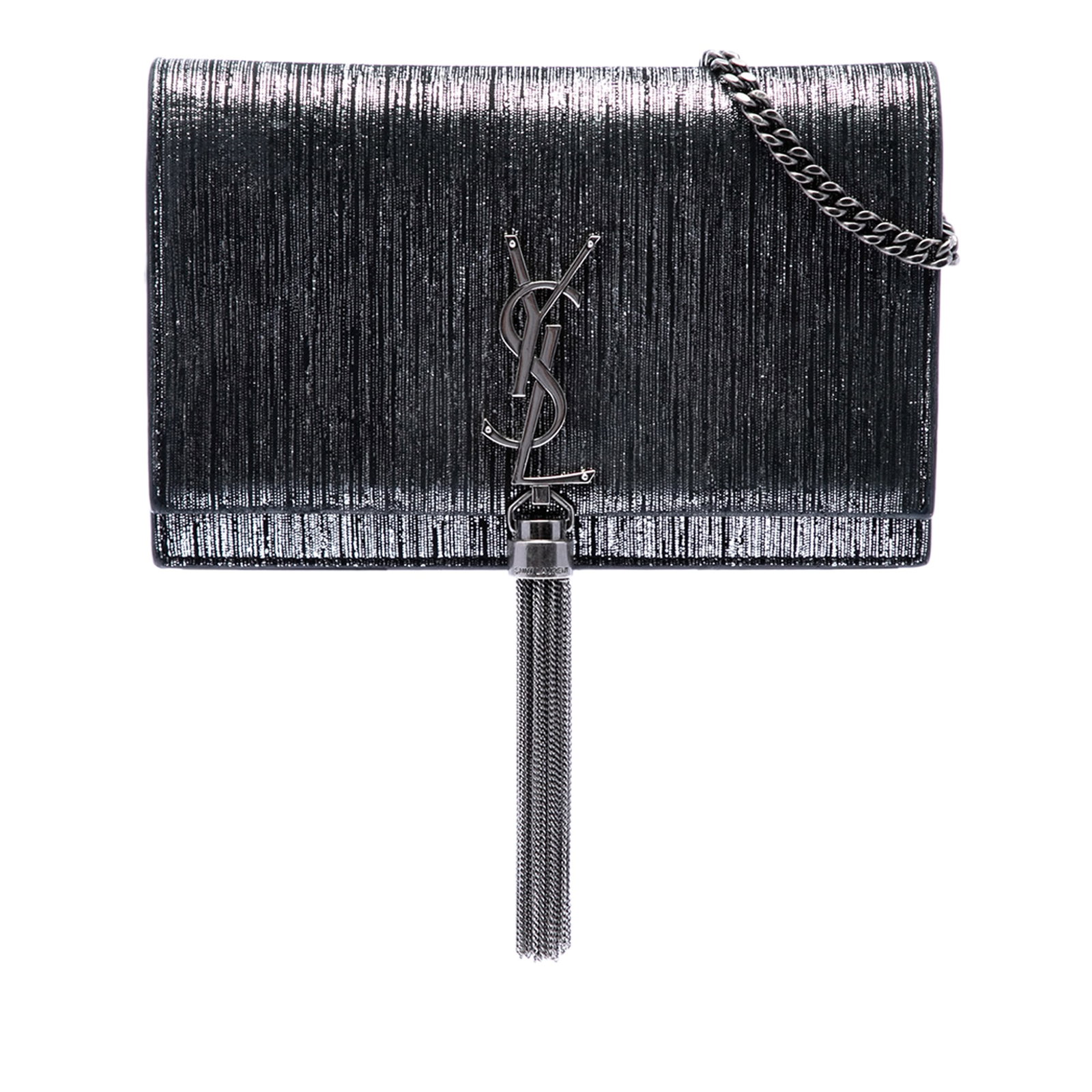 Saint Laurent Kate Monogram metallic suede wallet on chain tassel: Saint Laurent Kate Monogram metallic suede wallet on chain tassel A Saint Laurent crossbody wallet on chain in metallic suede with a tassel detail and chain link shoulder strap. It features a front fl